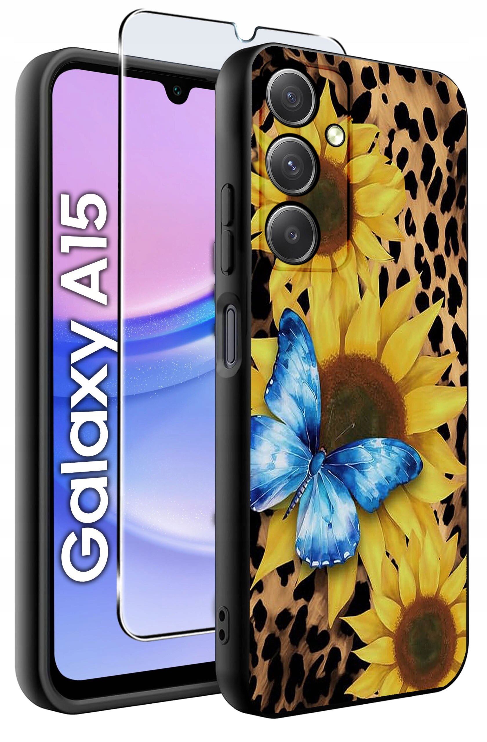 Etui na telefon z motywem słoneczników i niebieskiego motyla na tle w cętki, obok widoczny napis \'Galaxy A15\'.