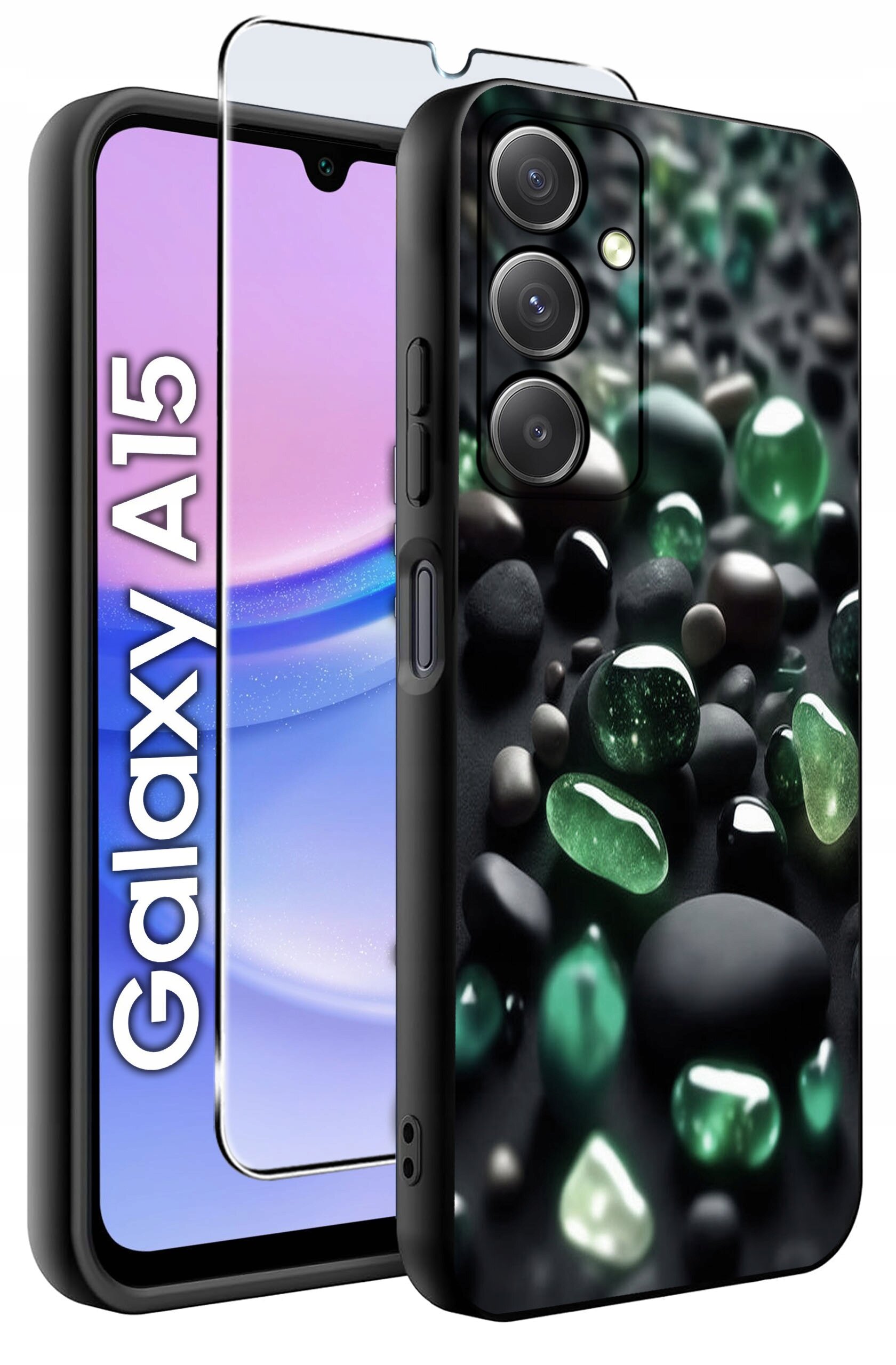 Obraz przedstawia silikonowe etui na telefon z wzorem zielonych i czarnych kamieni oraz szkło ochronne. Obok widoczny jest telefon z napisem \'Galaxy A15\'.