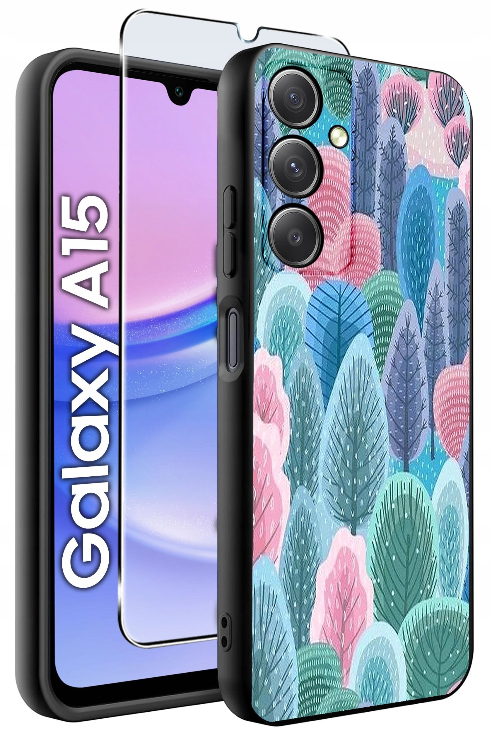 Etui na telefon z kolorowym wzorem drzew w odcieniach różu, niebieskiego i zielonego. Obok widoczny jest napis \'Galaxy A15\' oraz szkło ochronne na ekran.