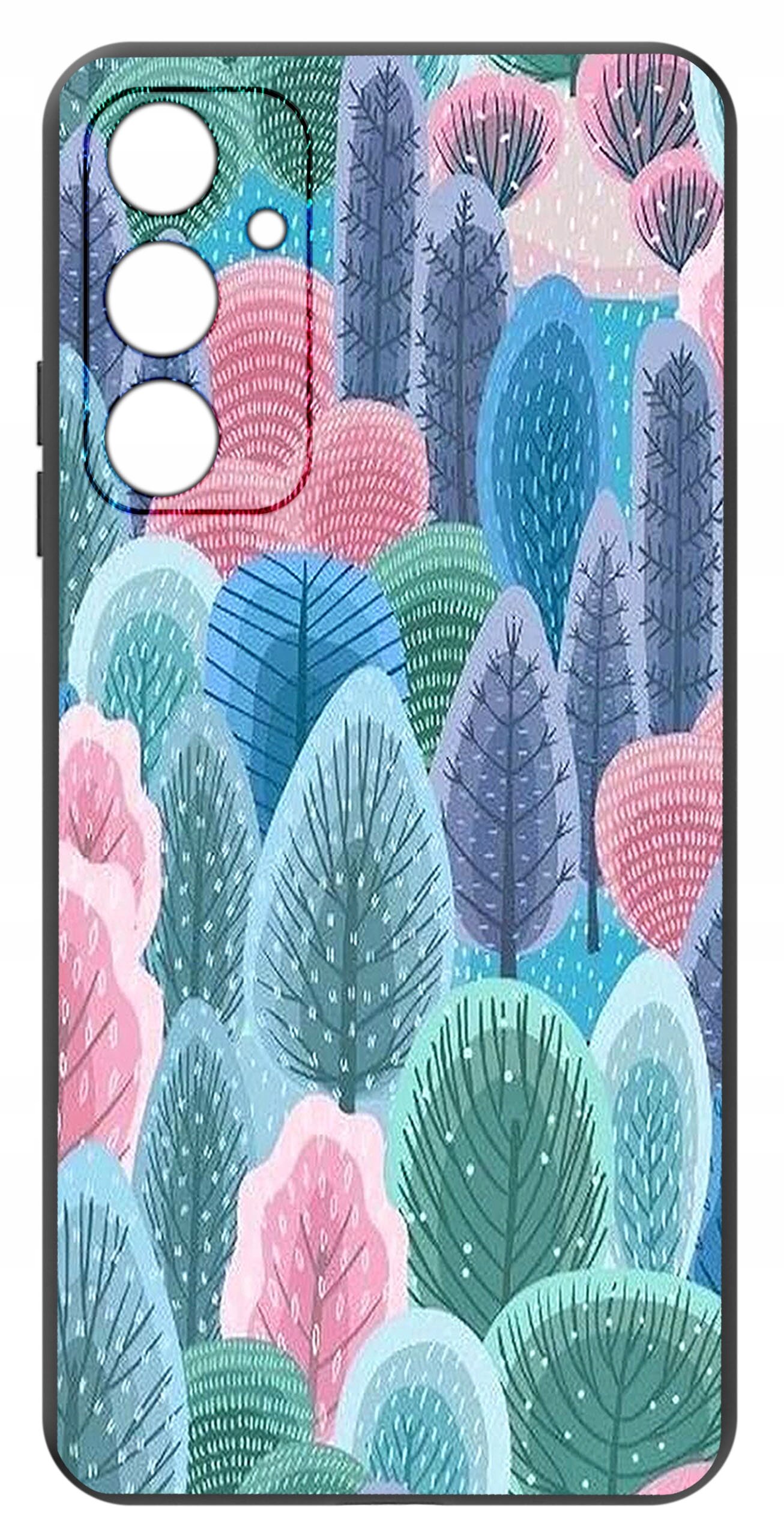 Etui na telefon z kolorowym wzorem przedstawiającym różnorodne drzewa w odcieniach różu, niebieskiego i zieleni. W górnej części widoczne są wycięcia na aparat.