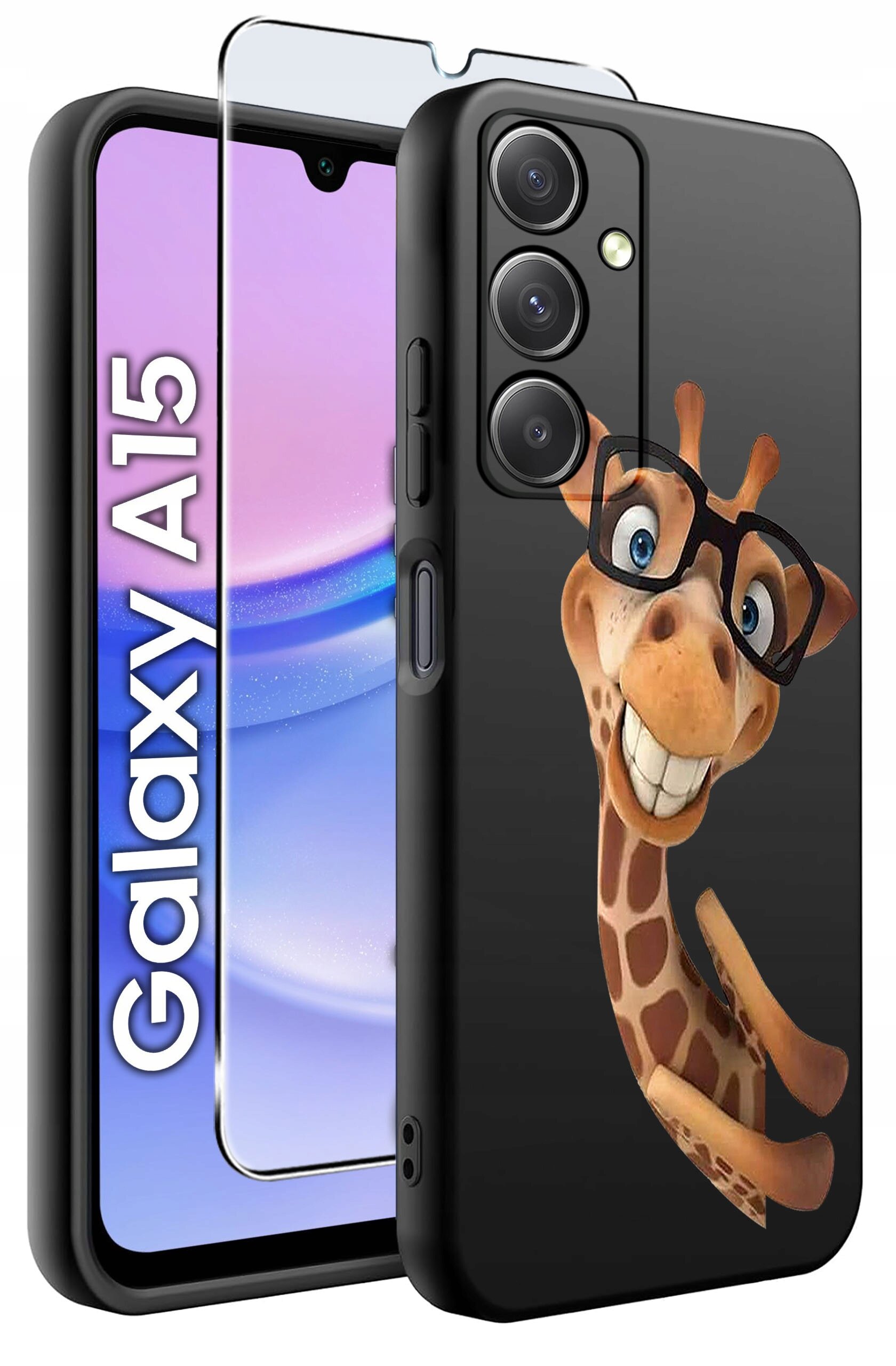 Obraz przedstawia etui na telefon z grafiką żyrafy w okularach oraz szkło ochronne. Na ekranie telefonu widoczny jest napis \'Galaxy A15\'.