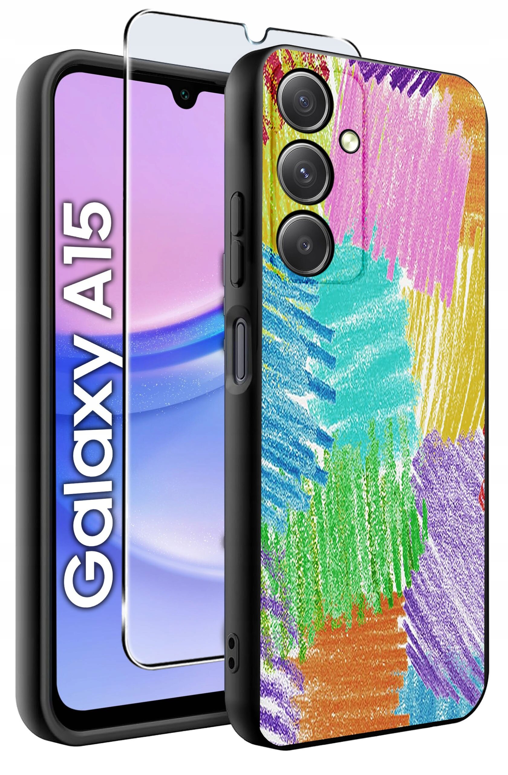 Obraz przedstawia kolorowe etui na telefon z abstrakcyjnym wzorem oraz szkło ochronne. Na ekranie telefonu widoczny jest napis \'Galaxy A15\'.