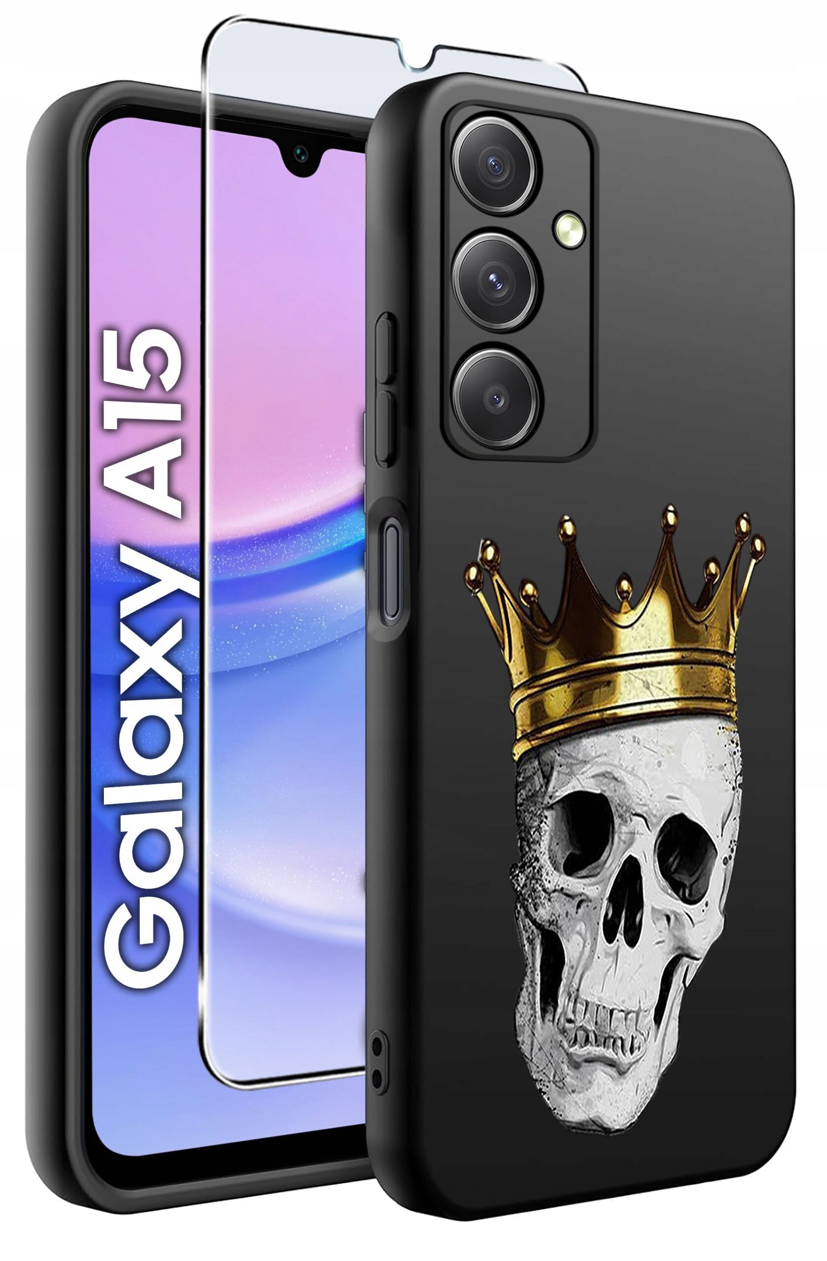 Obraz przedstawia czarne etui na telefon z nadrukiem czaszki w złotej koronie. Obok etui widoczny jest telefon z napisem \'Galaxy A15\' oraz szkło ochronne.