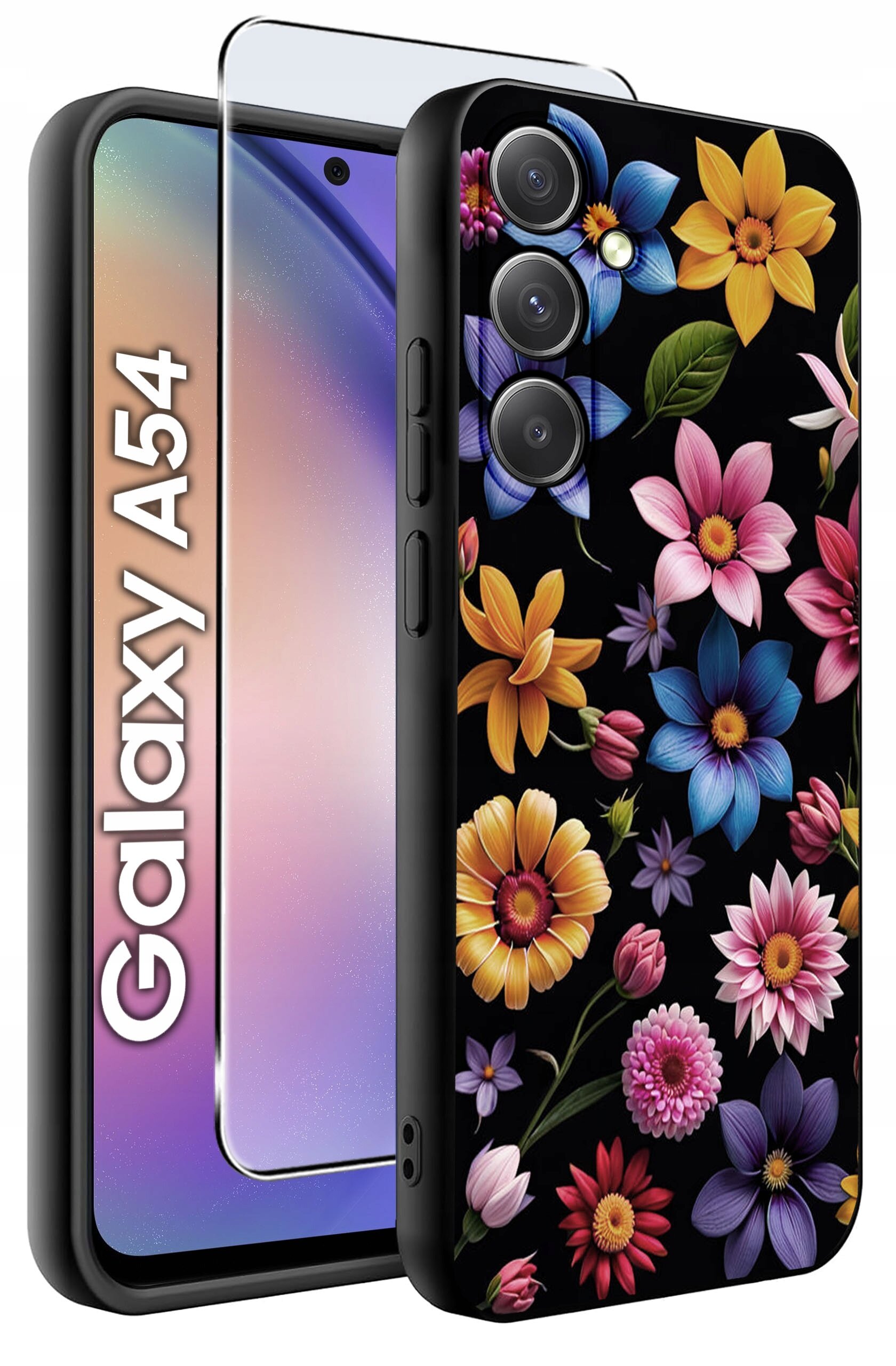 Obraz przedstawia etui na telefon z kolorowymi kwiatami na czarnym tle oraz szkło ochronne. Obok widoczny jest napis \'Galaxy A54\'.