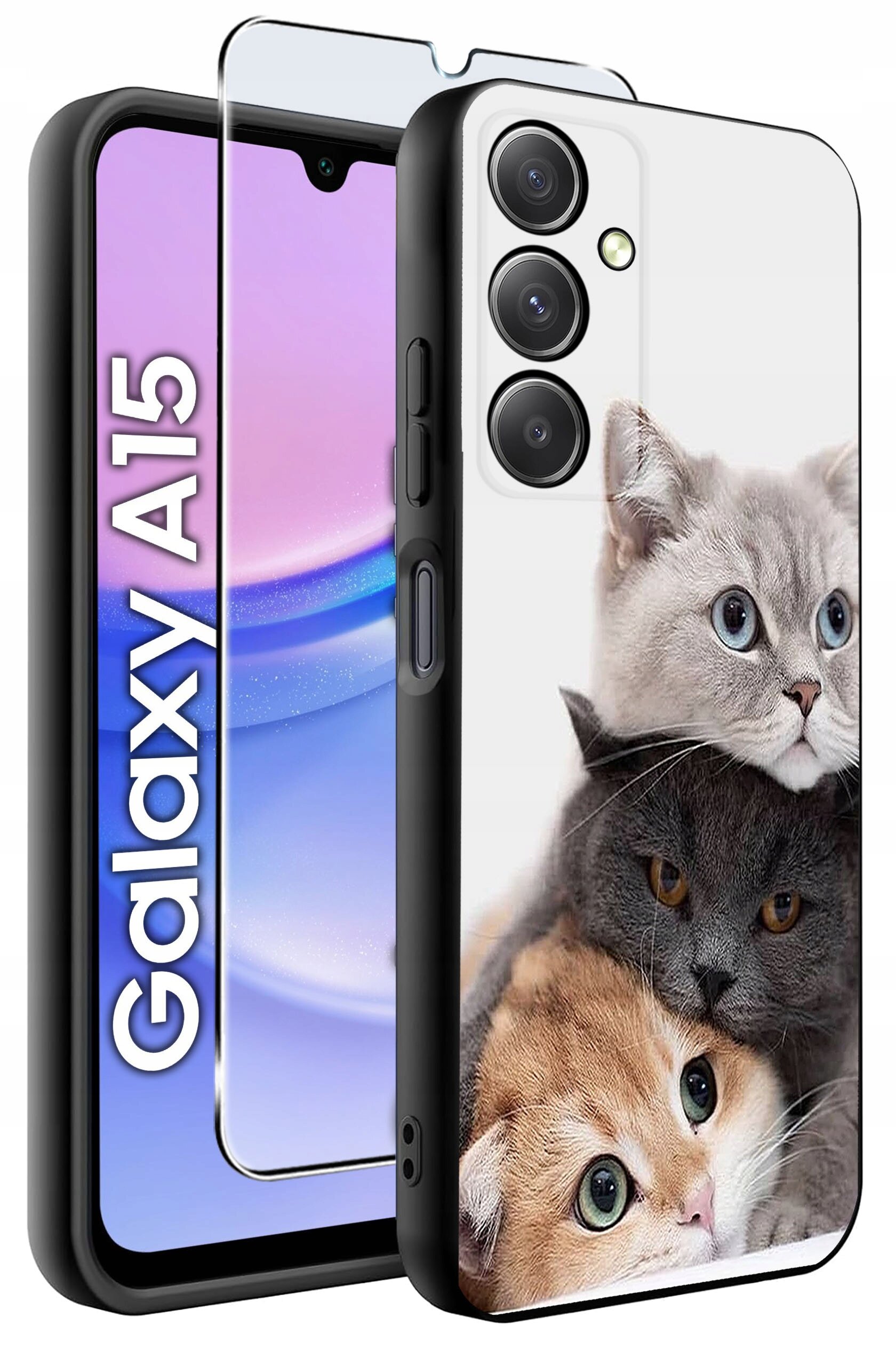 Obraz przedstawia silikonowe etui na telefon z nadrukiem trzech kotów oraz szkło ochronne. Na ekranie telefonu widoczny jest napis \'Galaxy A15\'.
