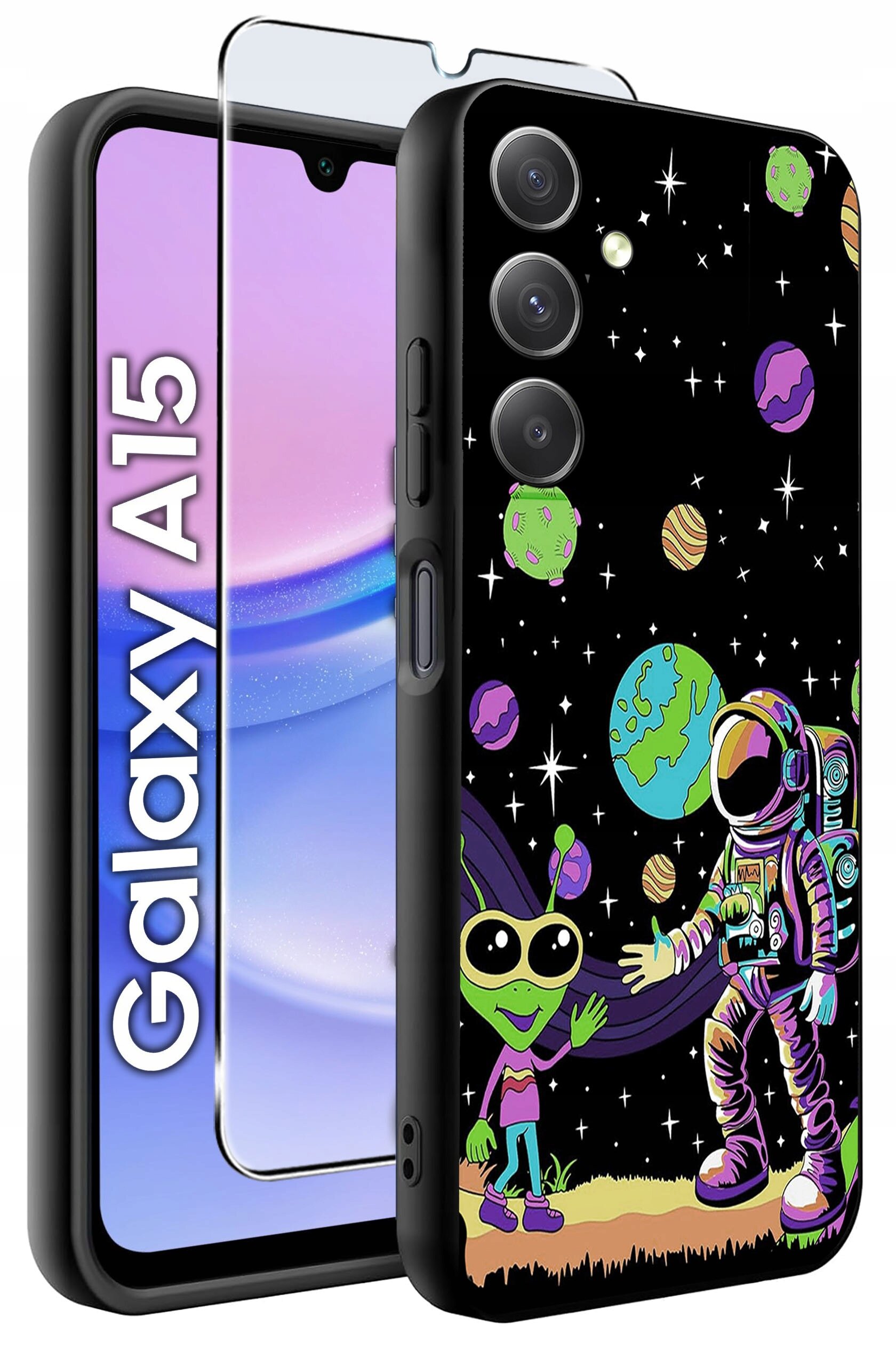 Etui na telefon z kolorowym wzorem przedstawiającym astronautę i kosmitę na tle kosmosu z planetami. Obok widoczny jest napis \'Galaxy A15\' oraz szkło ochronne na ekran.