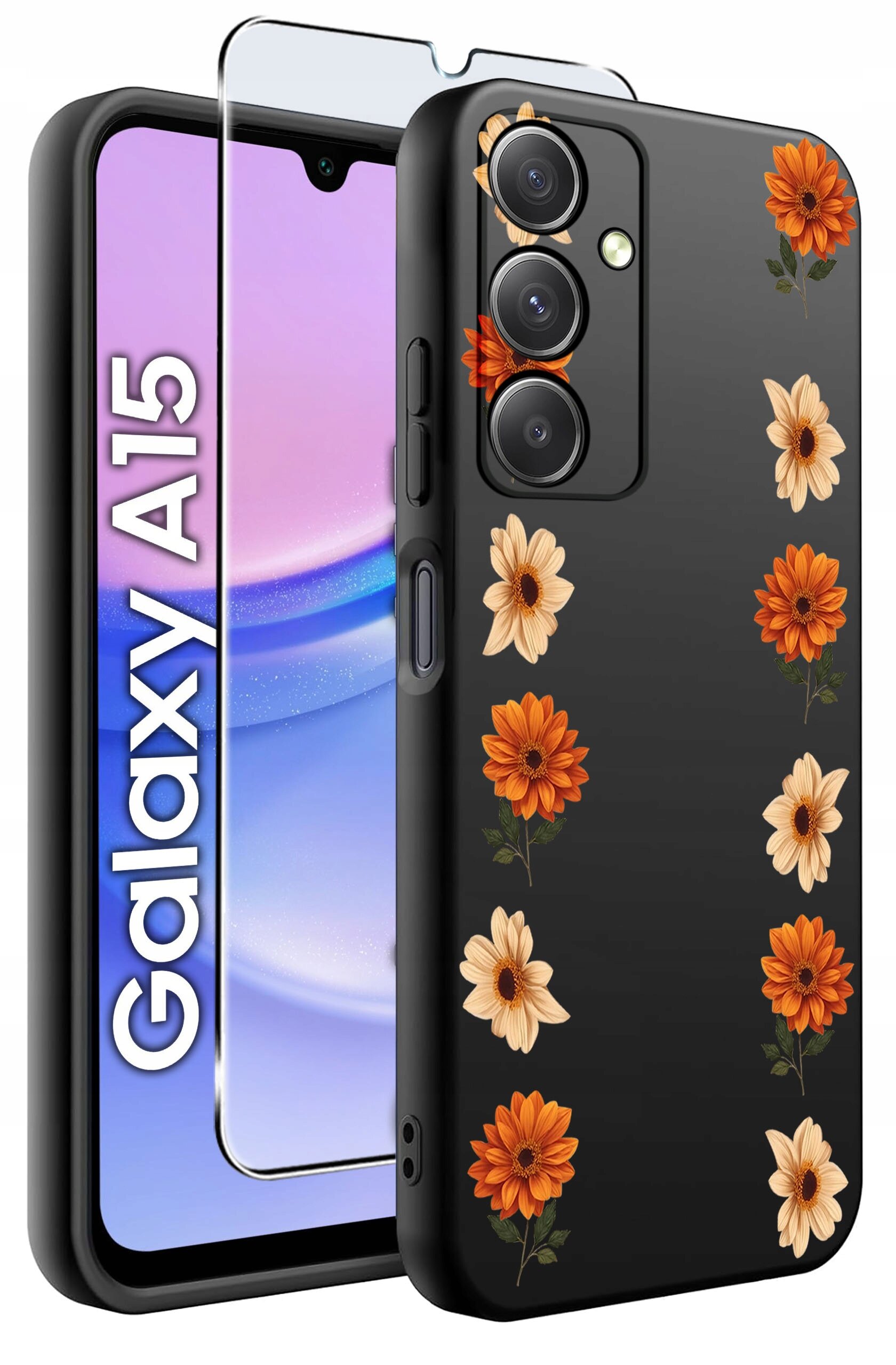 Obraz przedstawia czarne silikonowe etui na telefon z wzorem pomarańczowych i beżowych kwiatów oraz szkło ochronne. Na ekranie telefonu widoczny jest napis \'Galaxy A15\'.