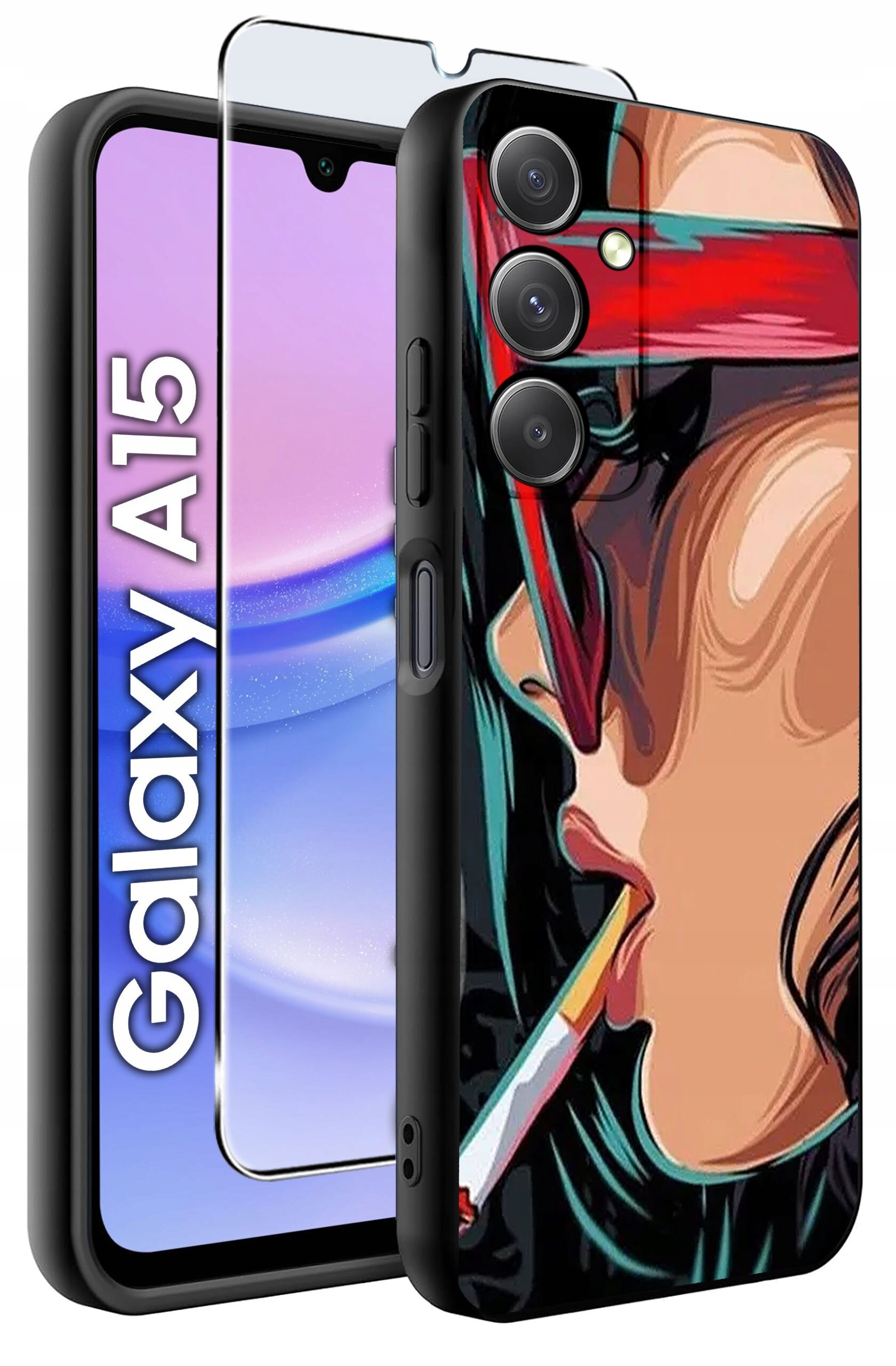 Obraz przedstawia etui na telefon z kolorowym wzorem przedstawiającym osobę z papierosem oraz szkło ochronne. Obok widoczny jest telefon z napisem \'Galaxy A15\'.