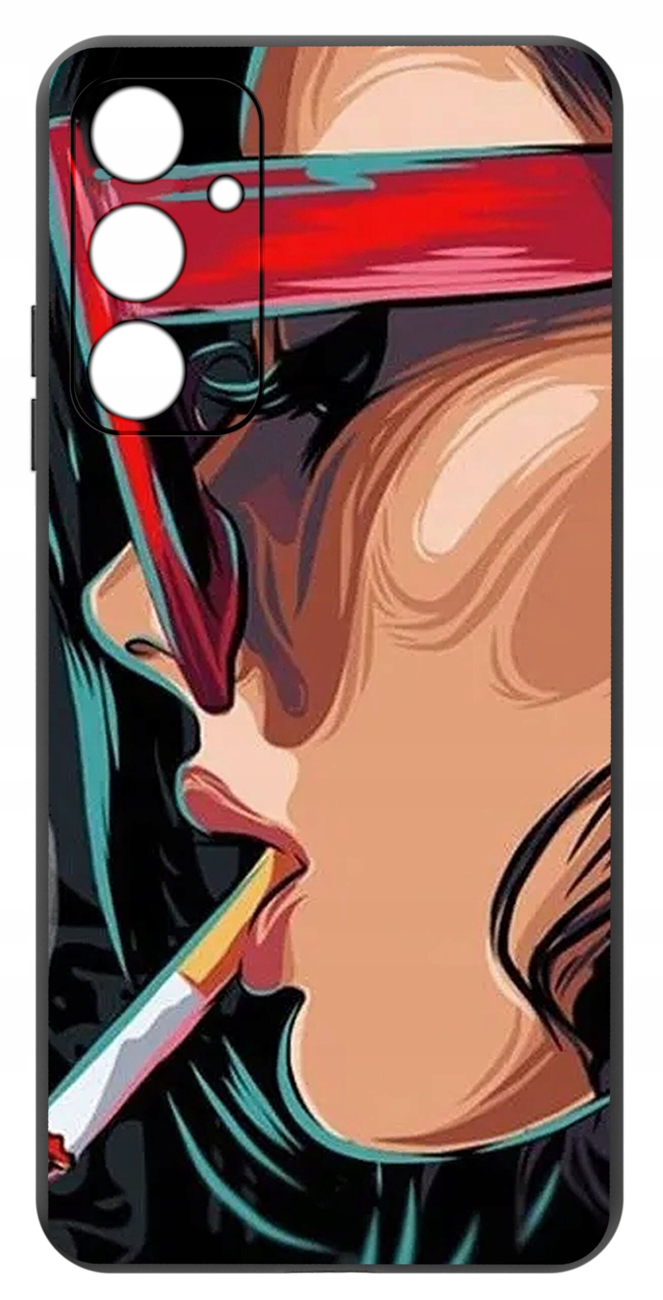 Etui na telefon z kolorowym wzorem przedstawiającym stylizowaną twarz osoby w okularach przeciwsłonecznych i z papierosem. Etui ma wycięcia na aparat i przyciski boczne.