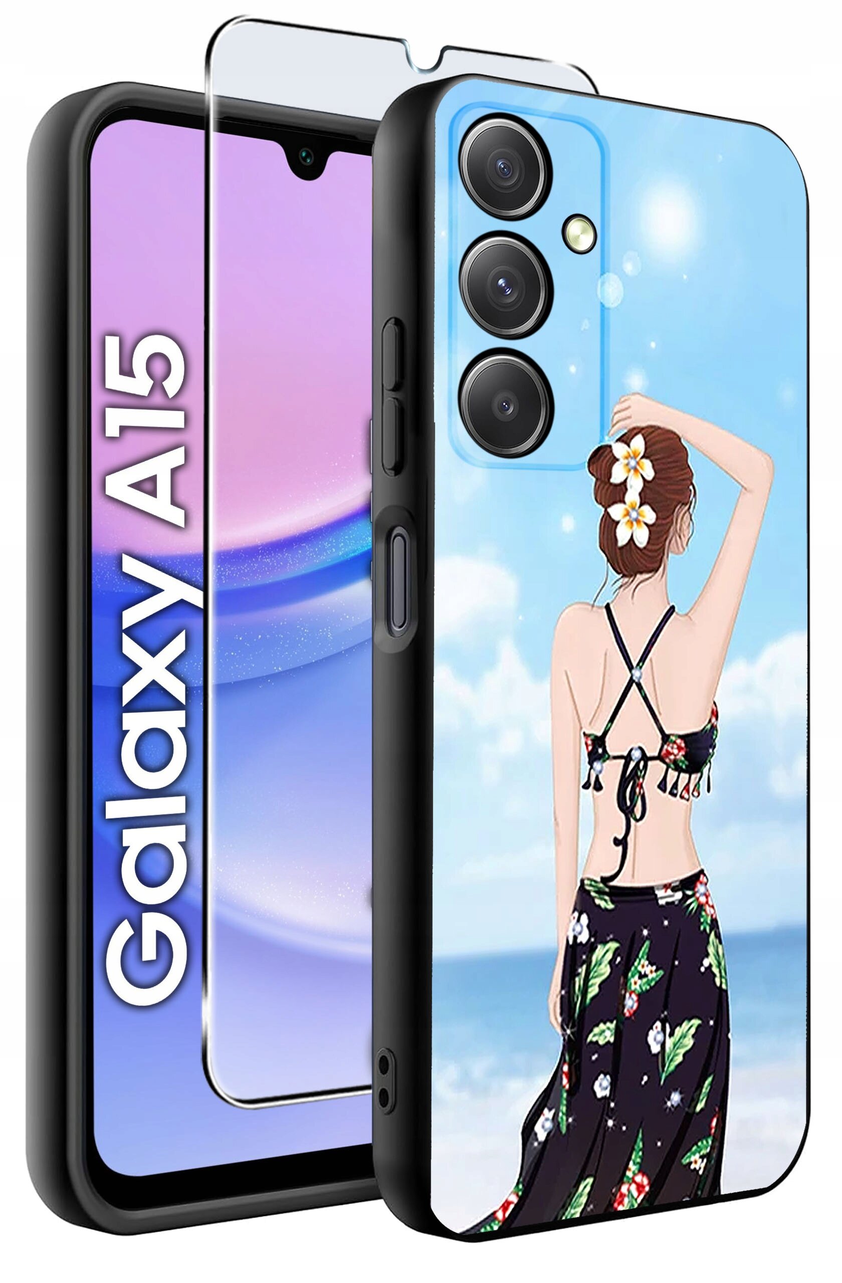 Etui na telefon z grafiką przedstawiającą osobę na plaży, z kwiatami we włosach, w stroju kąpielowym i spódnicy. Obok widoczny jest telefon z napisem \'Galaxy A15\'.