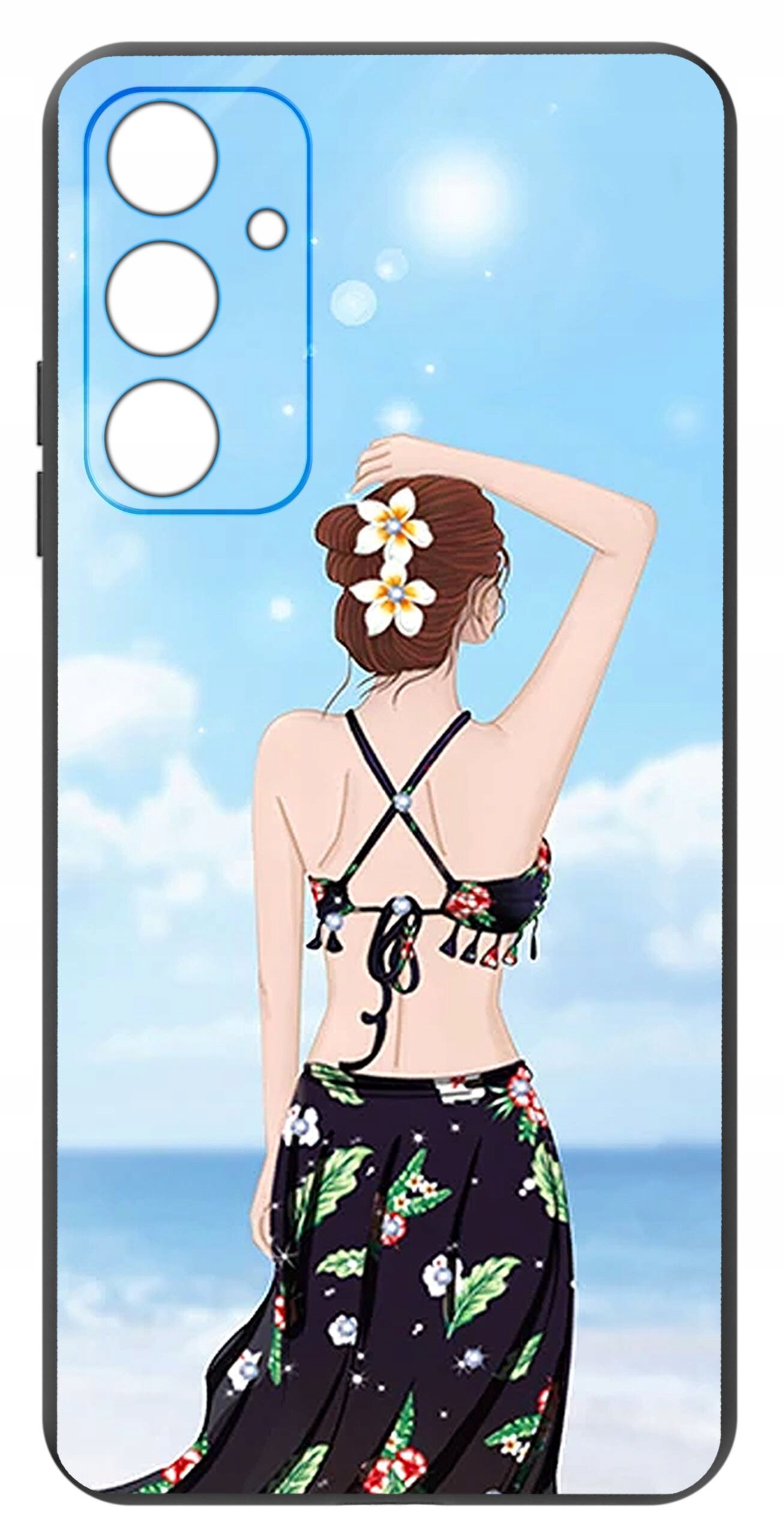 Etui na telefon z grafiką przedstawiającą kobietę w stroju plażowym na tle nieba i morza. W lewym górnym rogu widoczny jest schemat otworów na aparat.