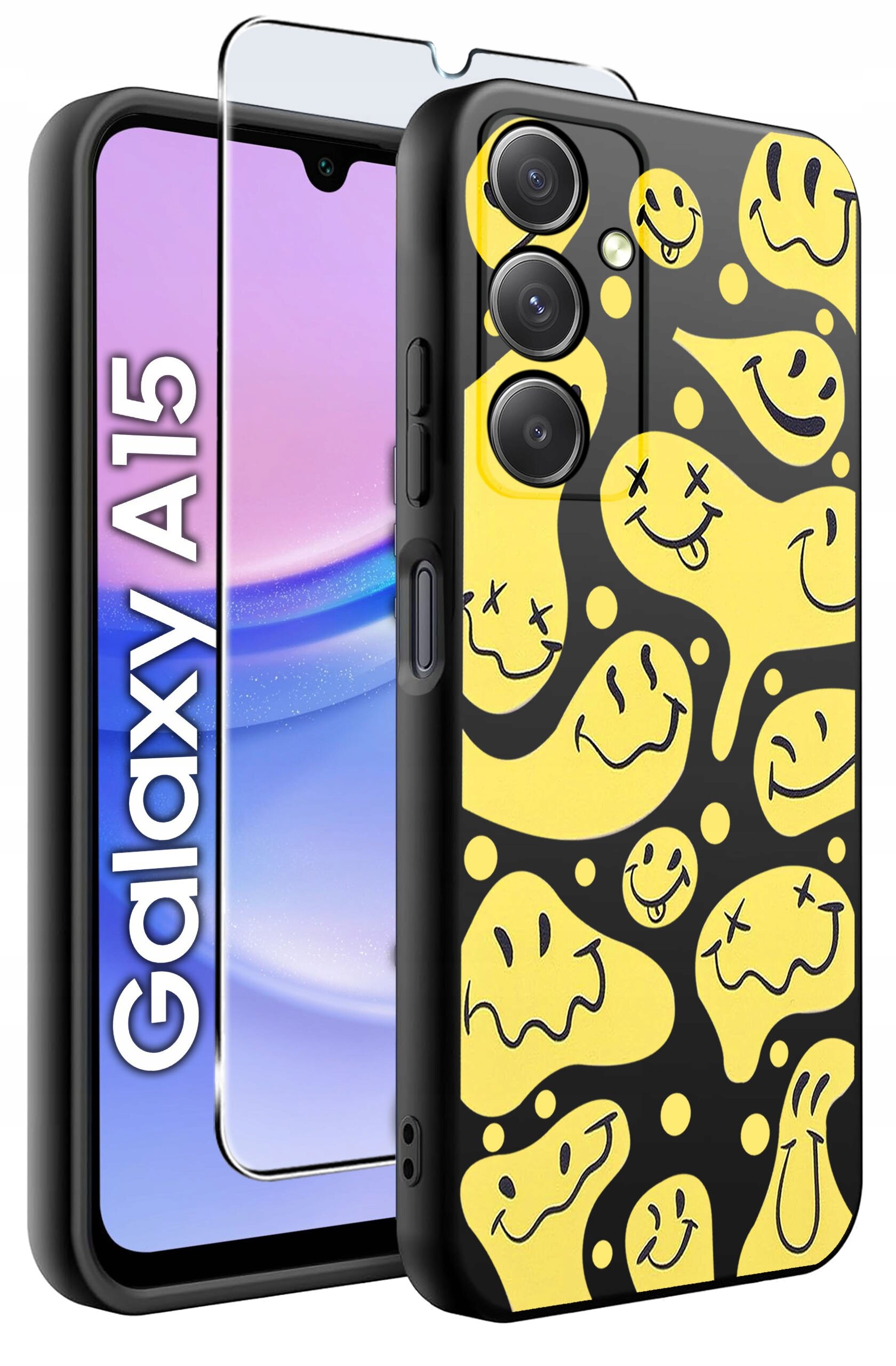Etui na telefon z żółtymi, uśmiechniętymi wzorami na czarnym tle oraz szkło ochronne. Obok widoczny jest telefon z napisem \'Galaxy A15\'.