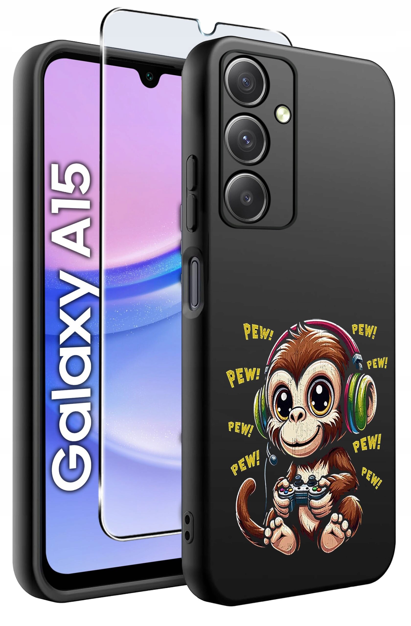Czarne silikonowe etui na telefon z nadrukiem małpy w słuchawkach trzymającej kontroler do gier, otoczonej napisem \'PEW!\'. Obok znajduje się szkło ochronne oraz telefon z widocznym napisem \'Galaxy A15\'.