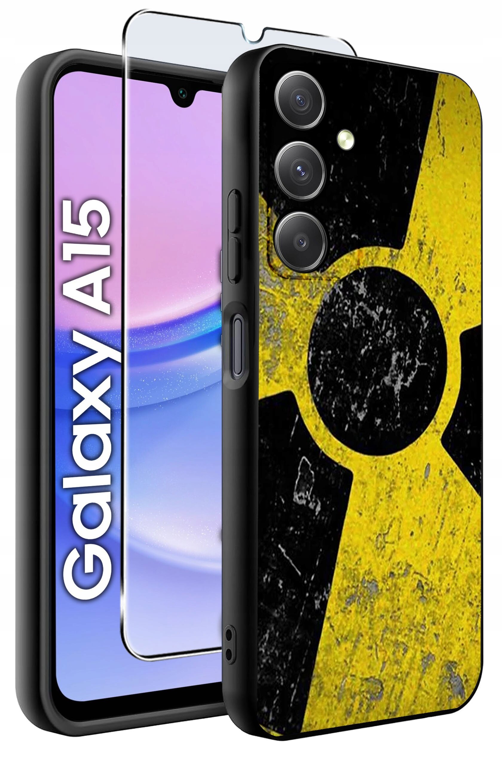 Obraz przedstawia etui na telefon z motywem żółto-czarnego symbolu ostrzegawczego oraz szkło ochronne. Obok widoczny jest telefon z napisem \'Galaxy A15\'.