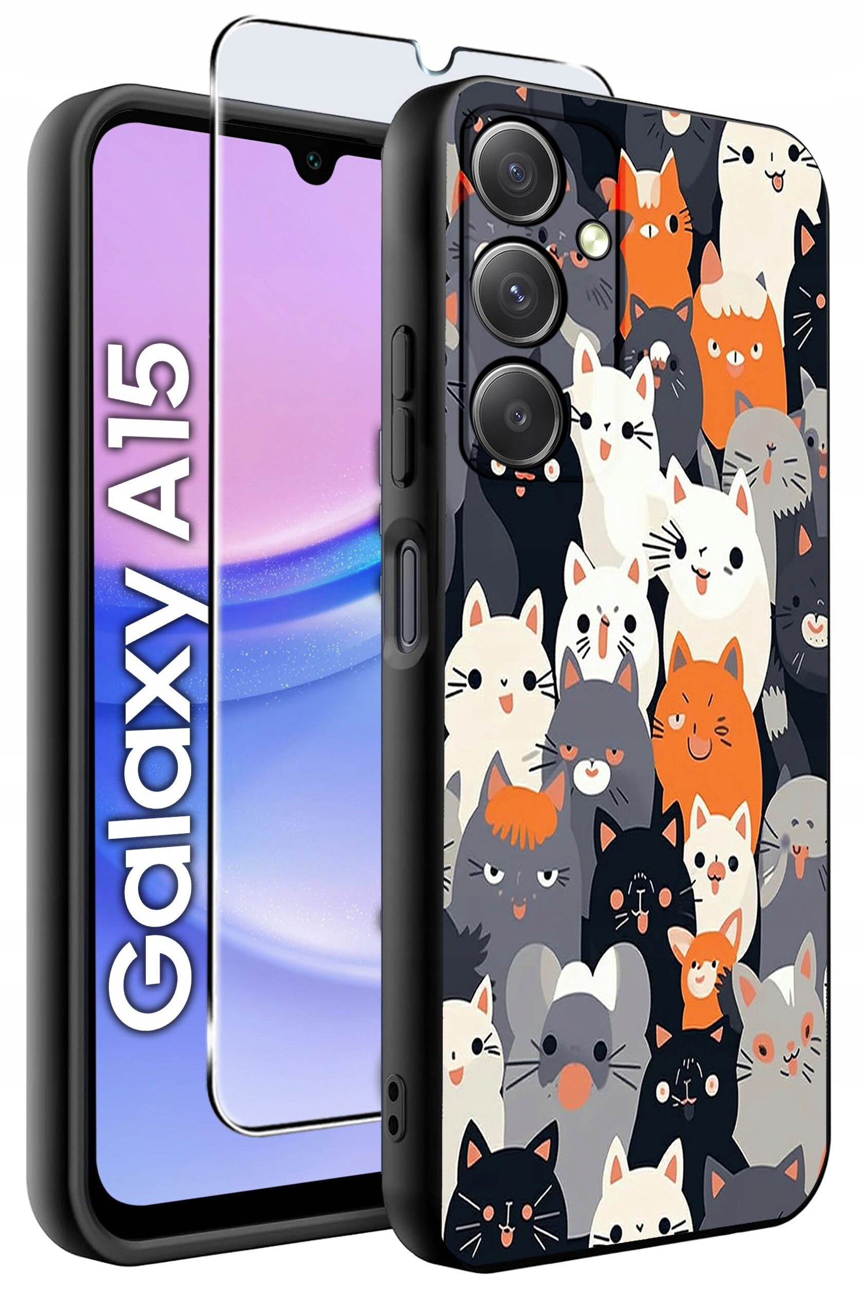 Etui na telefon z wzorem przedstawiającym różnokolorowe koty oraz szkło ochronne. Obok widoczny jest telefon z napisem \'Galaxy A15\'.