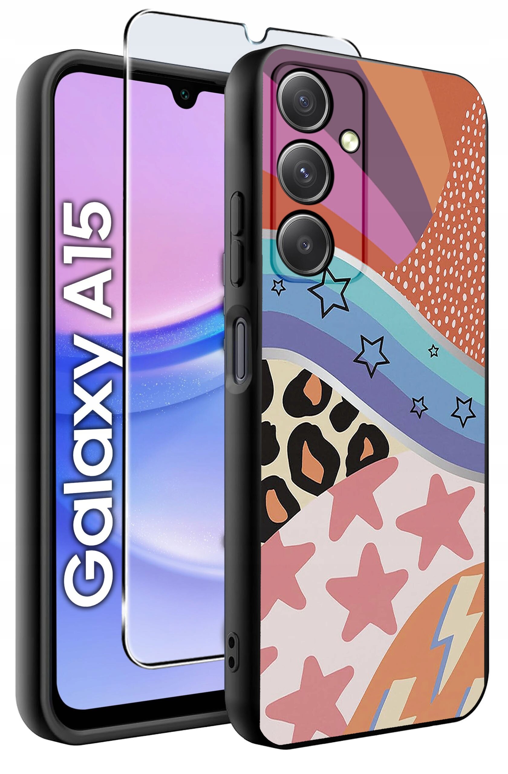 Obraz przedstawia etui na telefon z kolorowym wzorem zawierającym gwiazdy, paski i kropki. Obok etui widoczny jest telefon z napisem \'Galaxy A15\' oraz szkło ochronne.