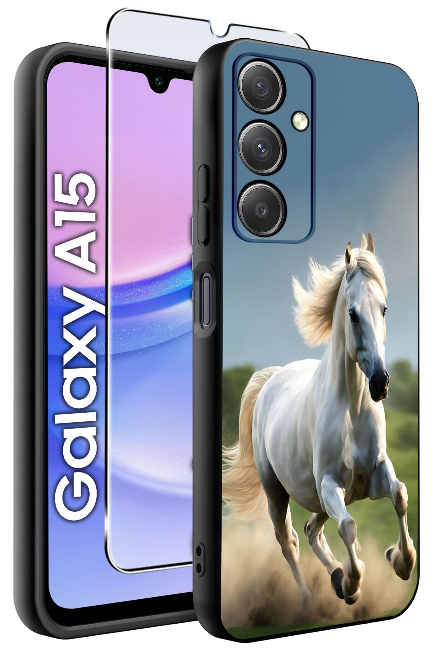 Obraz przedstawia etui na telefon z nadrukiem galopującego białego konia oraz szkło ochronne. Obok widoczny jest telefon z napisem \'Galaxy A15\'.