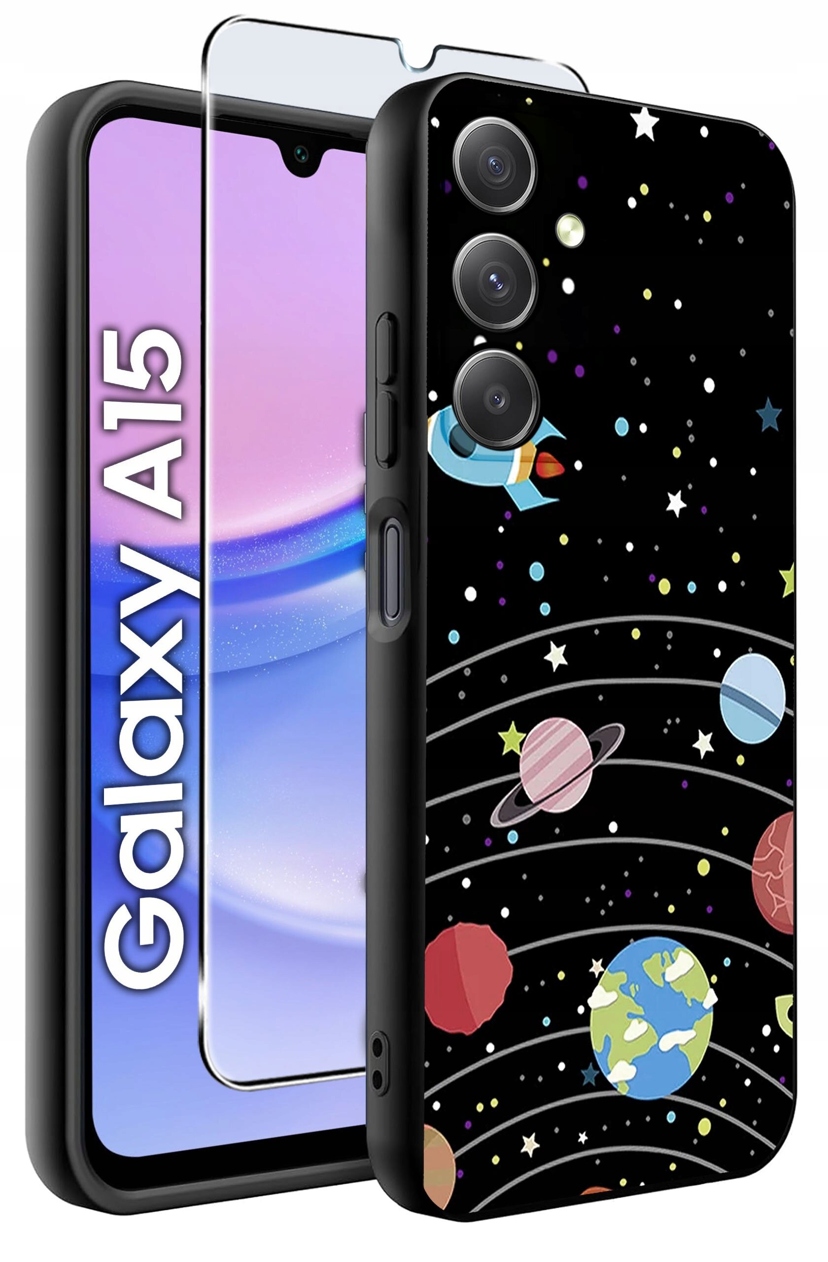 Obraz przedstawia etui na telefon z motywem kosmosu, z planetami i rakietą na czarnym tle. Obok znajduje się szkło ochronne oraz telefon z widocznym napisem \'Galaxy A15\'.