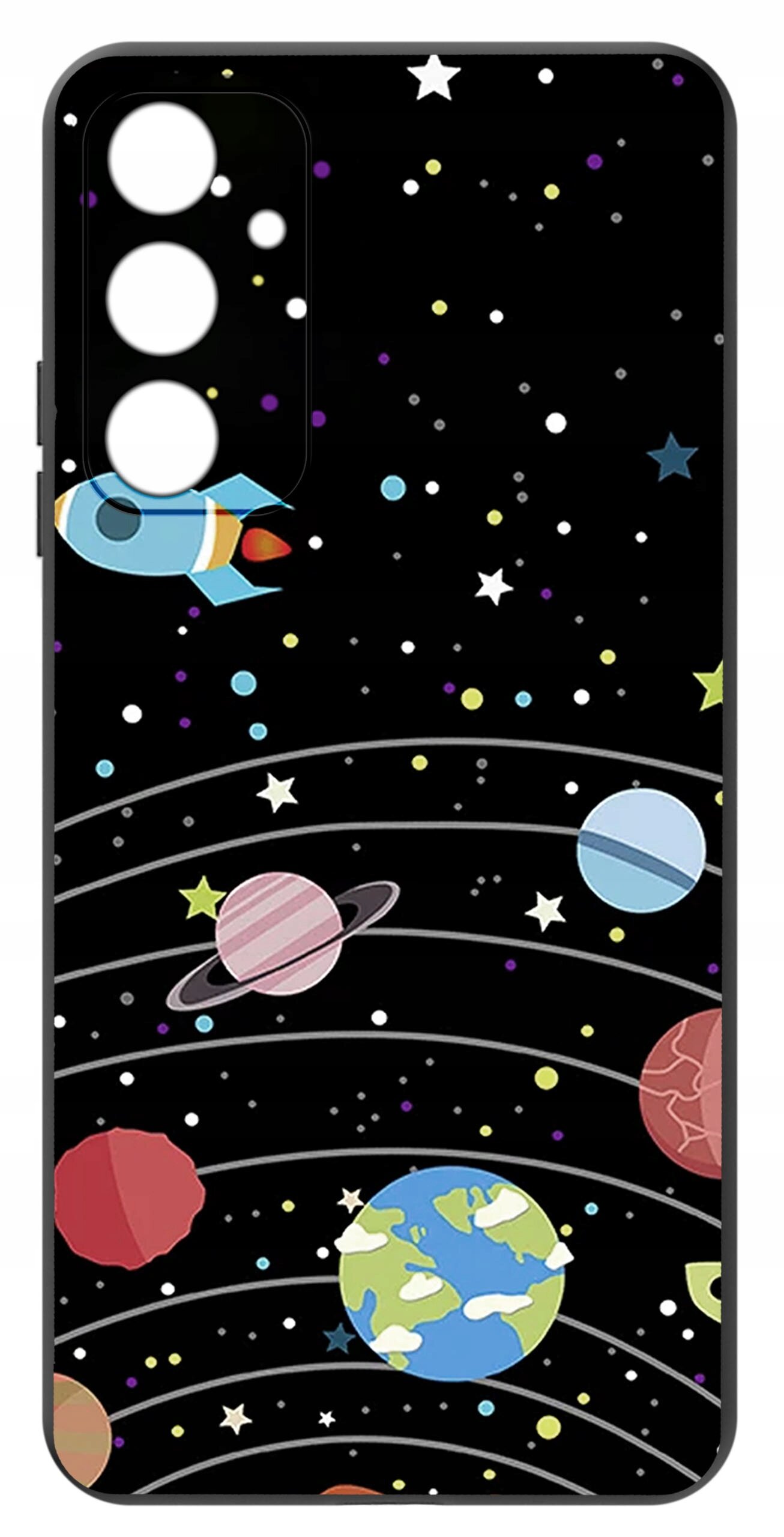 Etui na telefon z motywem kosmosu, przedstawiające planety, gwiazdy i rakietę na czarnym tle.