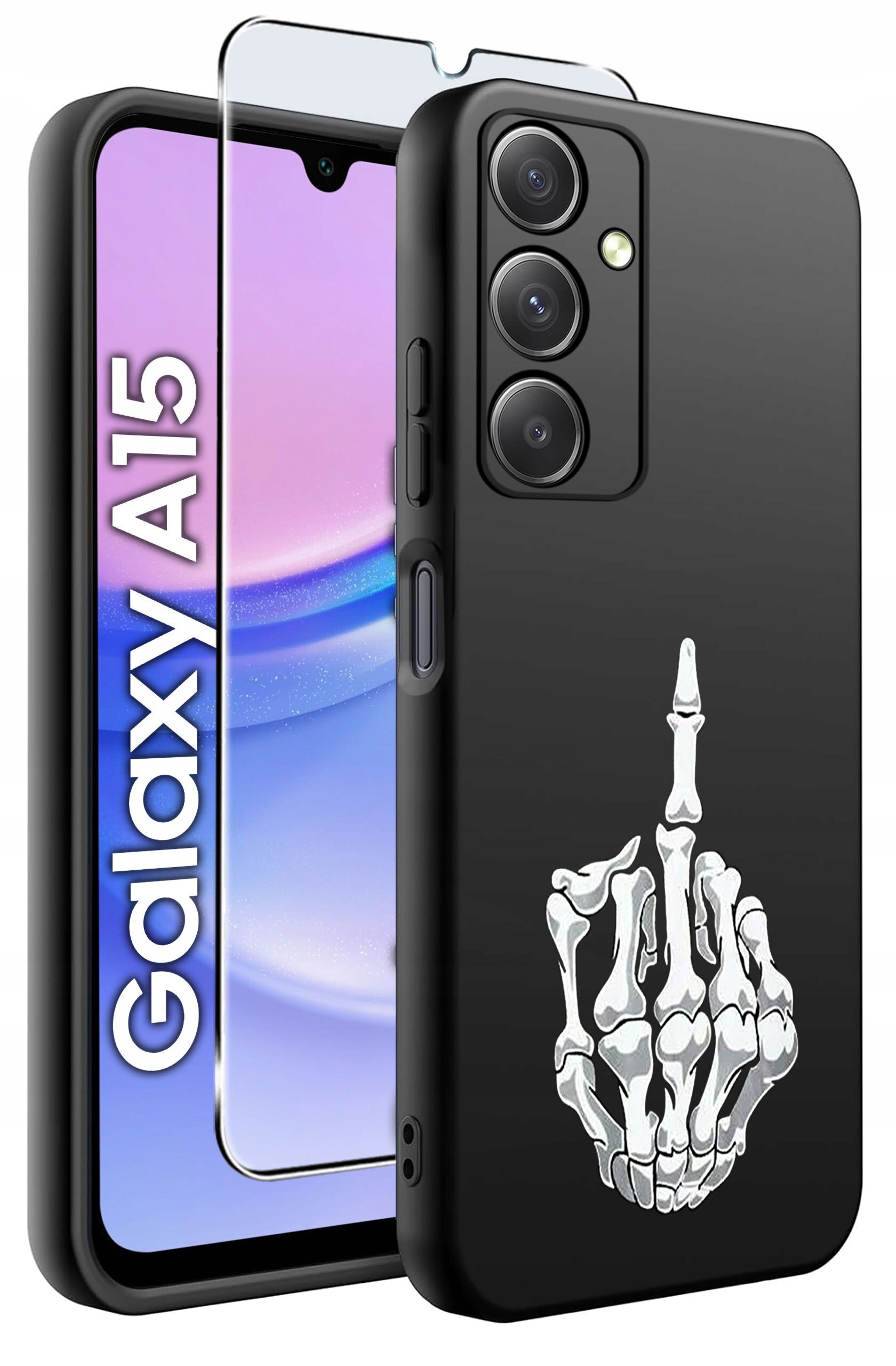 Obraz przedstawia czarne silikonowe etui na telefon z nadrukiem szkieletowej dłoni pokazującej środkowy palec. Obok etui widoczny jest telefon z napisem \'Galaxy A15\' oraz szkło ochronne.