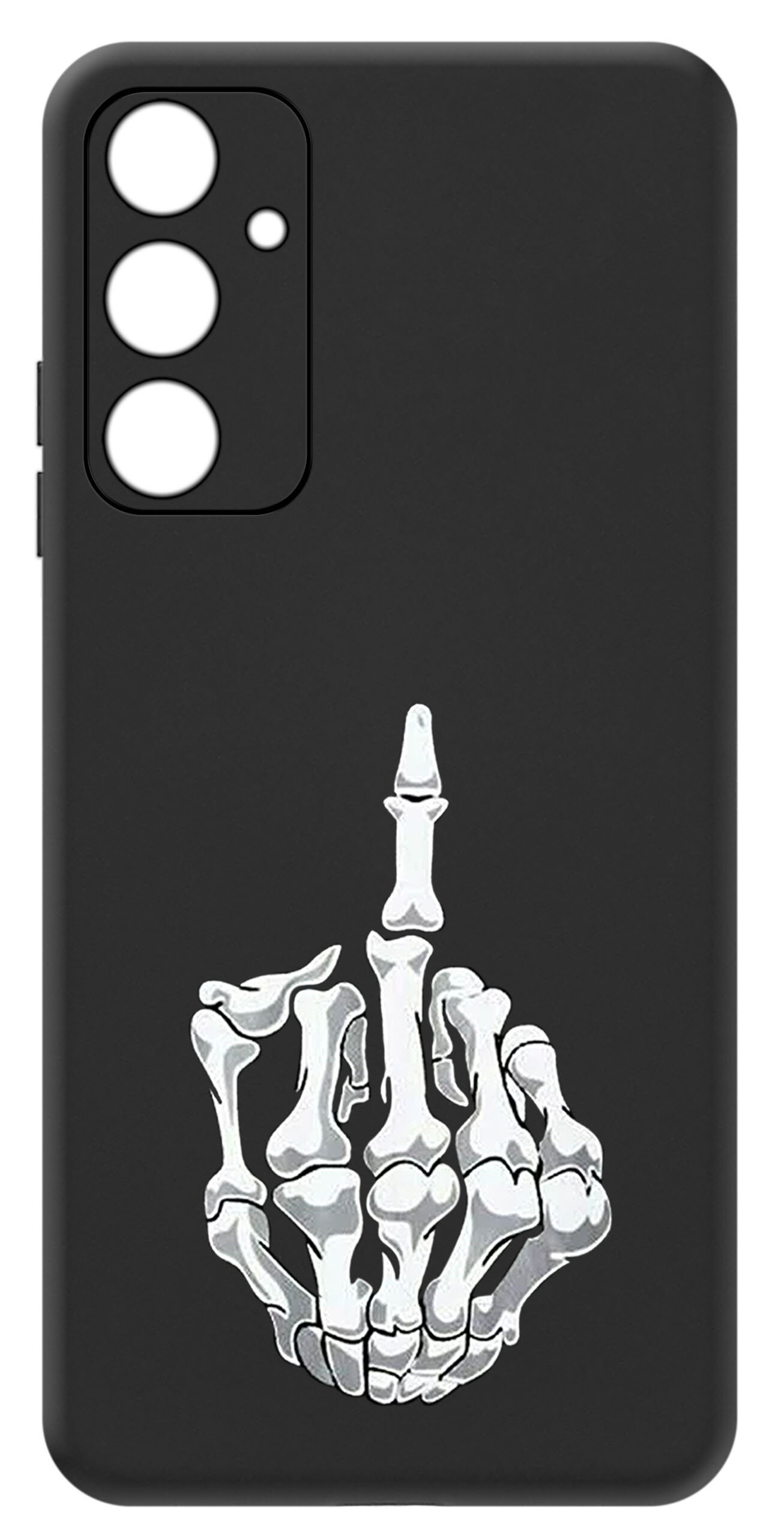 Czarne etui na telefon z nadrukiem białych kości dłoni ułożonych w gest. Etui posiada wycięcia na aparat i przyciski.