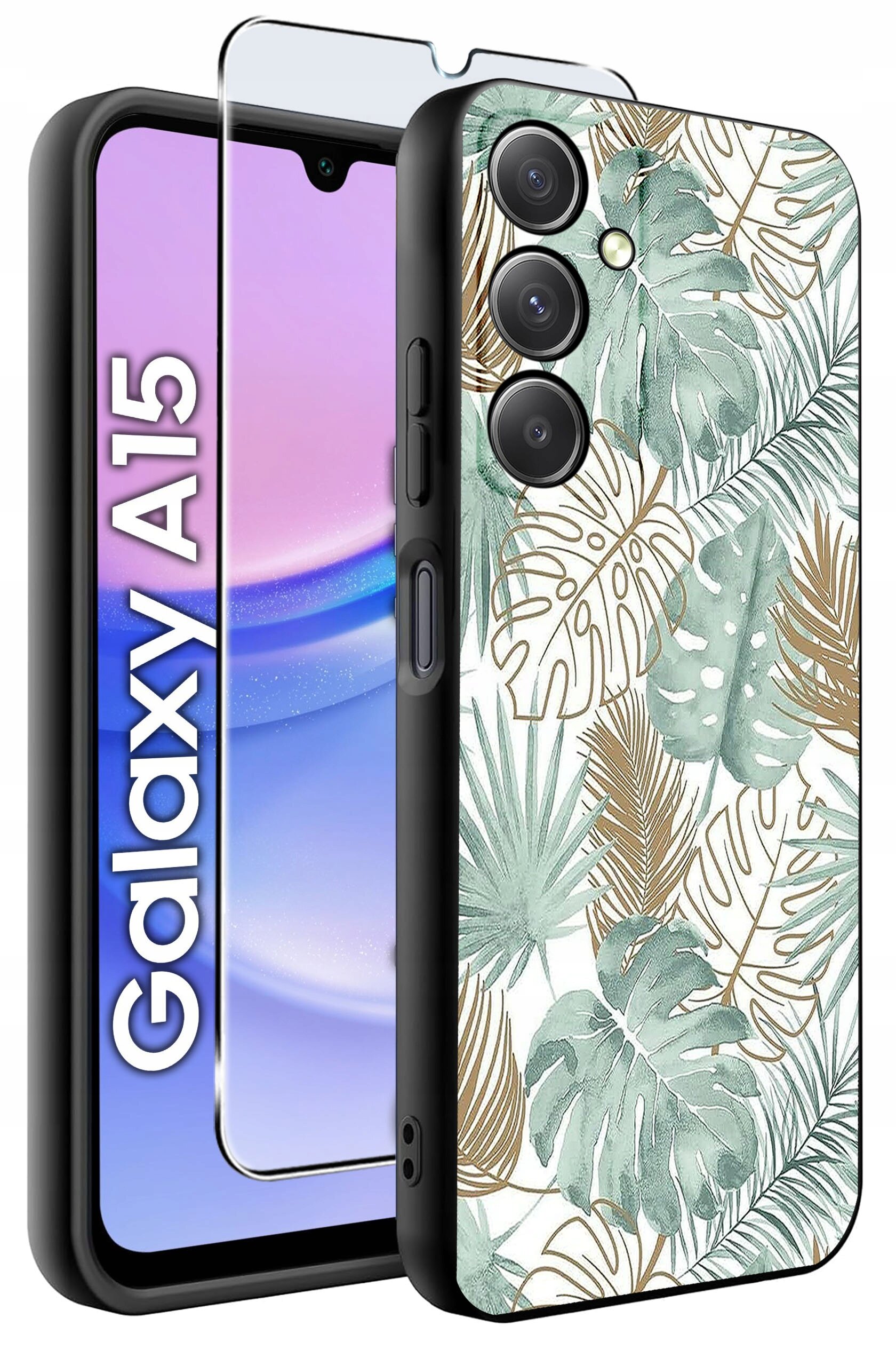 Obraz przedstawia etui na telefon z motywem liści w odcieniach zieleni i brązu oraz szkło ochronne. Obok widoczny jest telefon z napisem \'Galaxy A15\'.