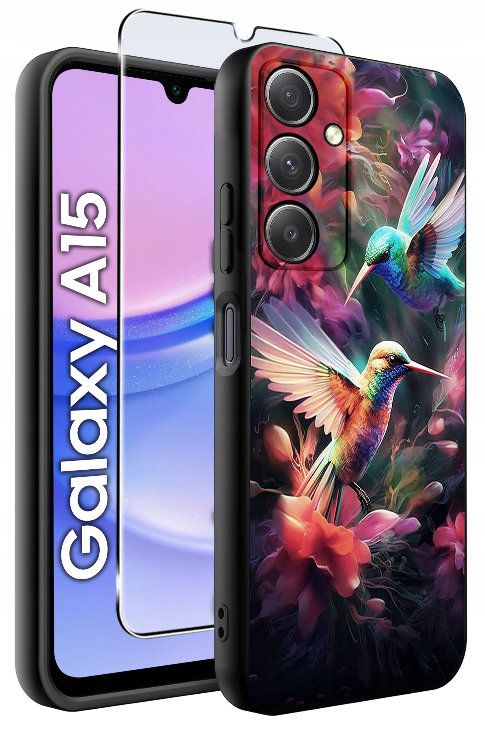 Obraz przedstawia etui na telefon z kolorowym wzorem kolibrów na tle kwiatów oraz szkło ochronne. Obok widoczny jest telefon z napisem \'Galaxy A15\'.
