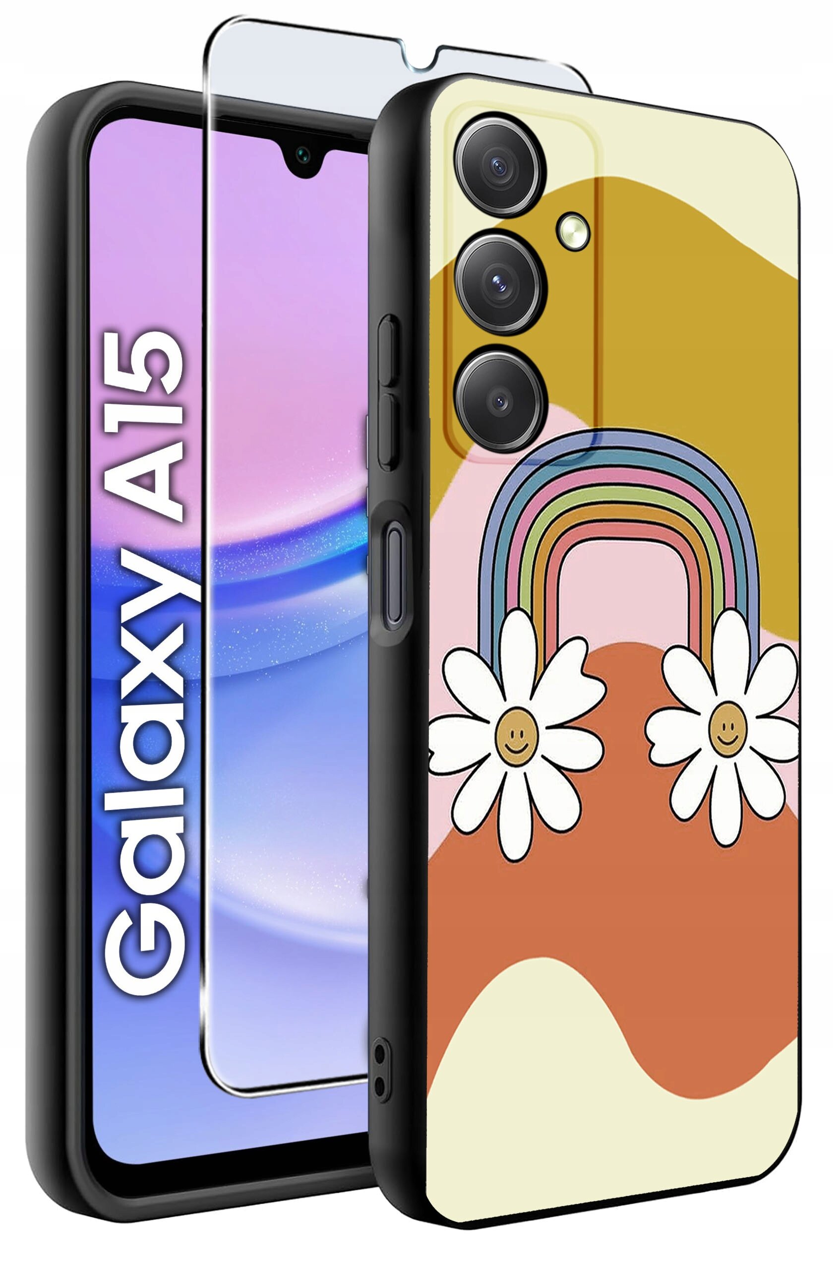 Obraz przedstawia silikonowe etui na telefon z kolorowym wzorem tęczy i kwiatów. Obok etui widoczny jest telefon z napisem \'Galaxy A15\'.