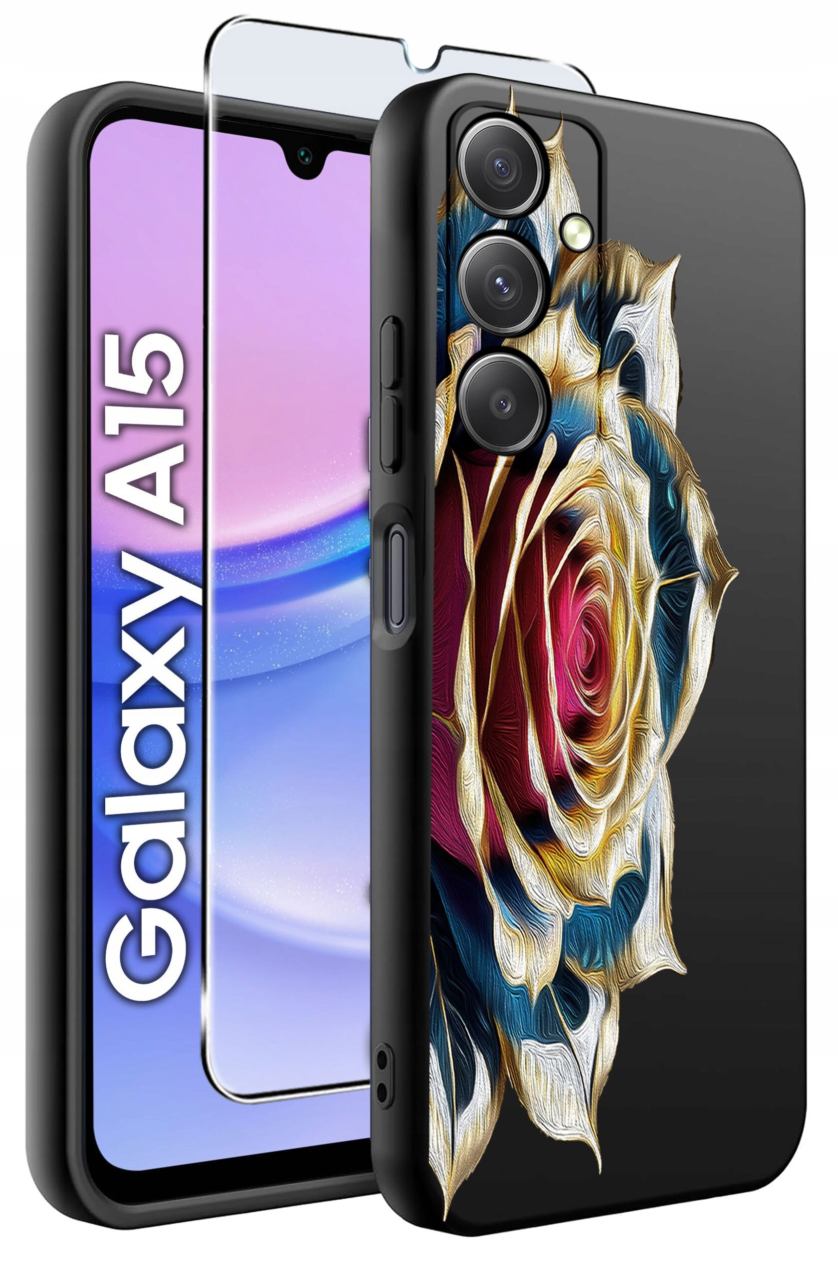 Obraz przedstawia etui na telefon z kolorowym wzorem róży oraz szkło ochronne. Na ekranie telefonu widoczny jest napis \'Galaxy A15\'.