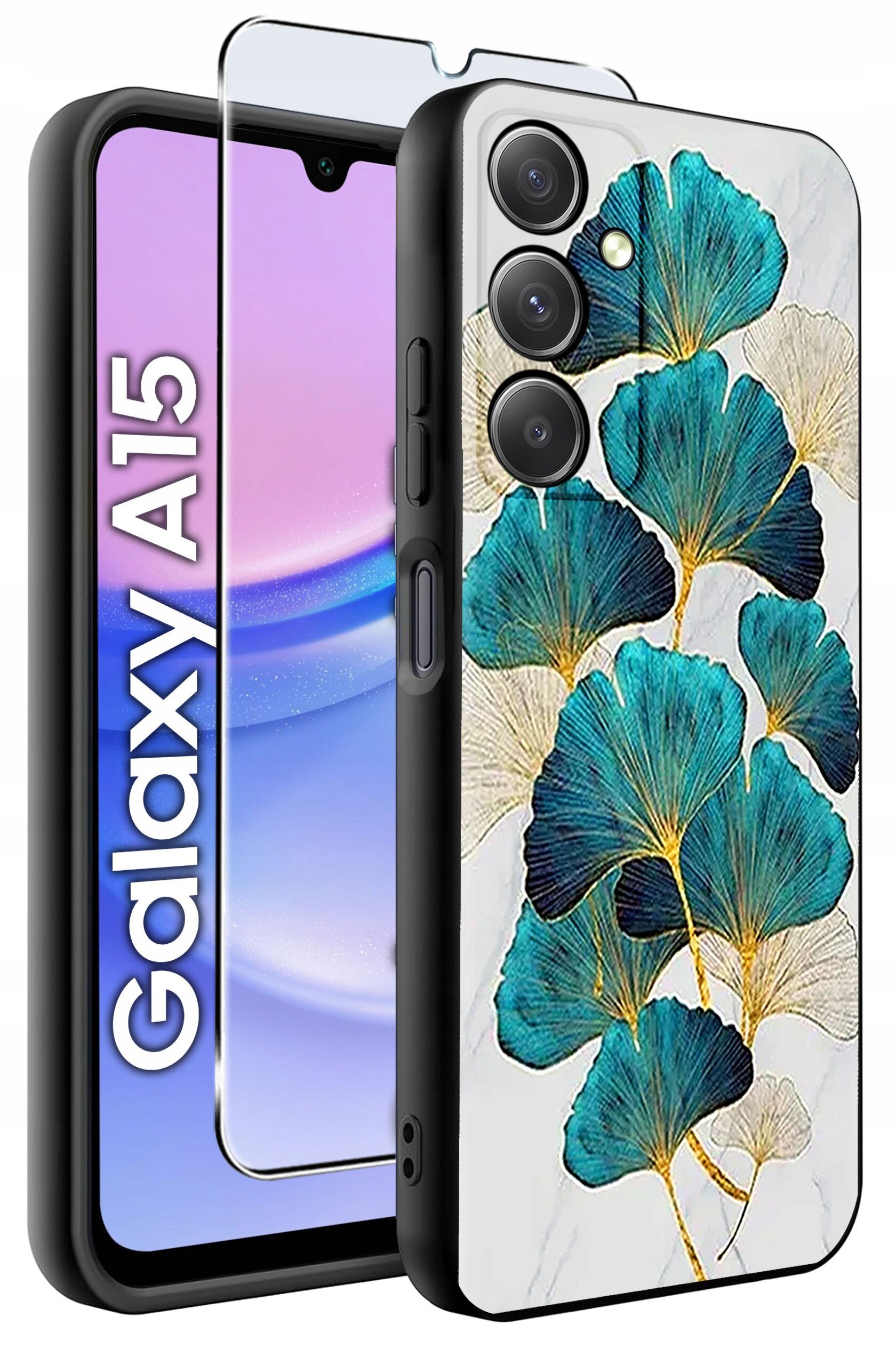 Obraz przedstawia etui na telefon z wzorem niebiesko-zielonych liści na białym tle oraz szkło ochronne. Obok widoczny jest telefon z napisem \'Galaxy A15\'.