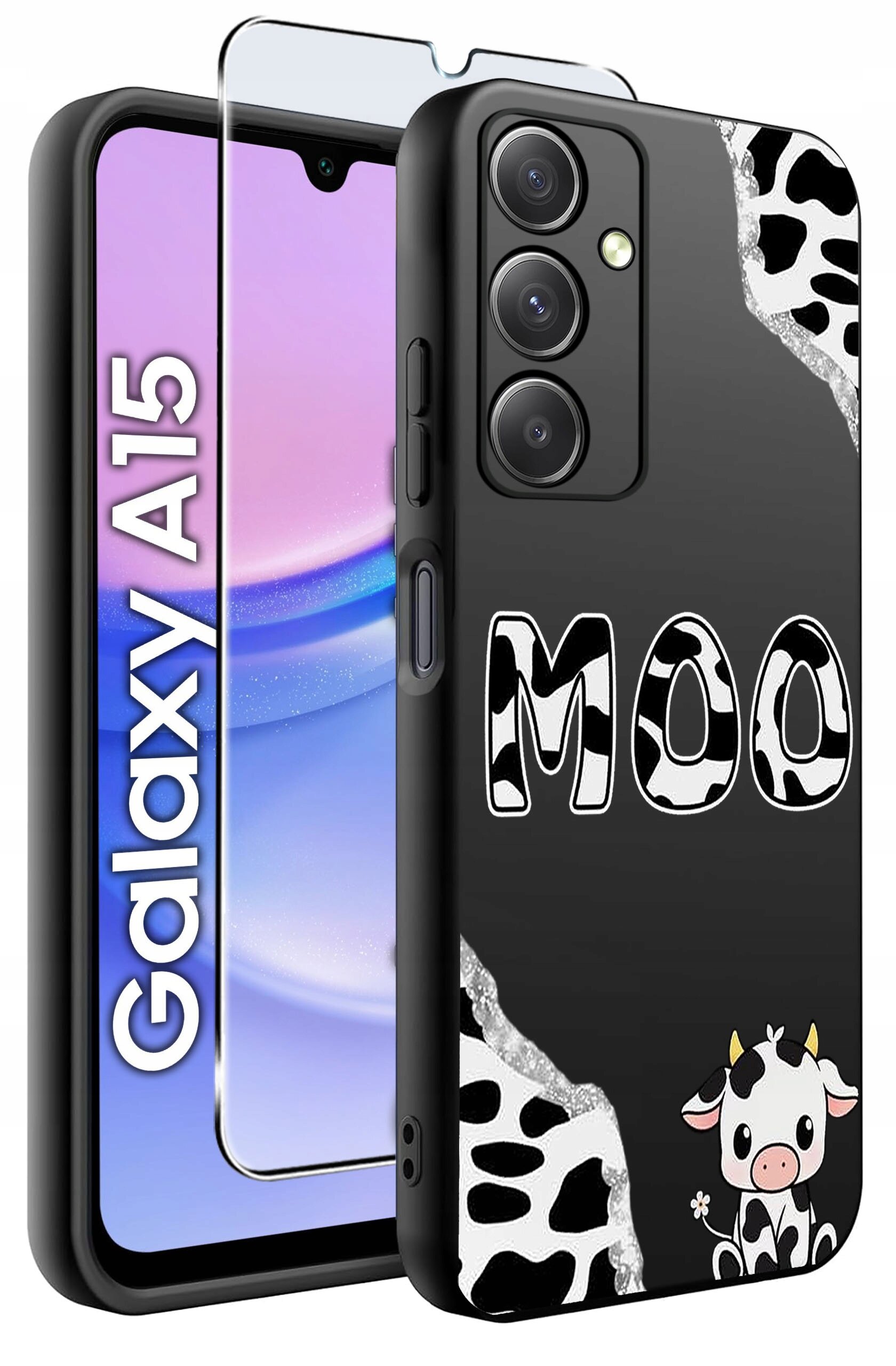 Obraz przedstawia etui na telefon z napisem \'MOO\' i wzorem przypominającym krowie łaty. Obok etui znajduje się szkło ochronne, a na ekranie telefonu widoczny jest napis \'Galaxy A15\'.