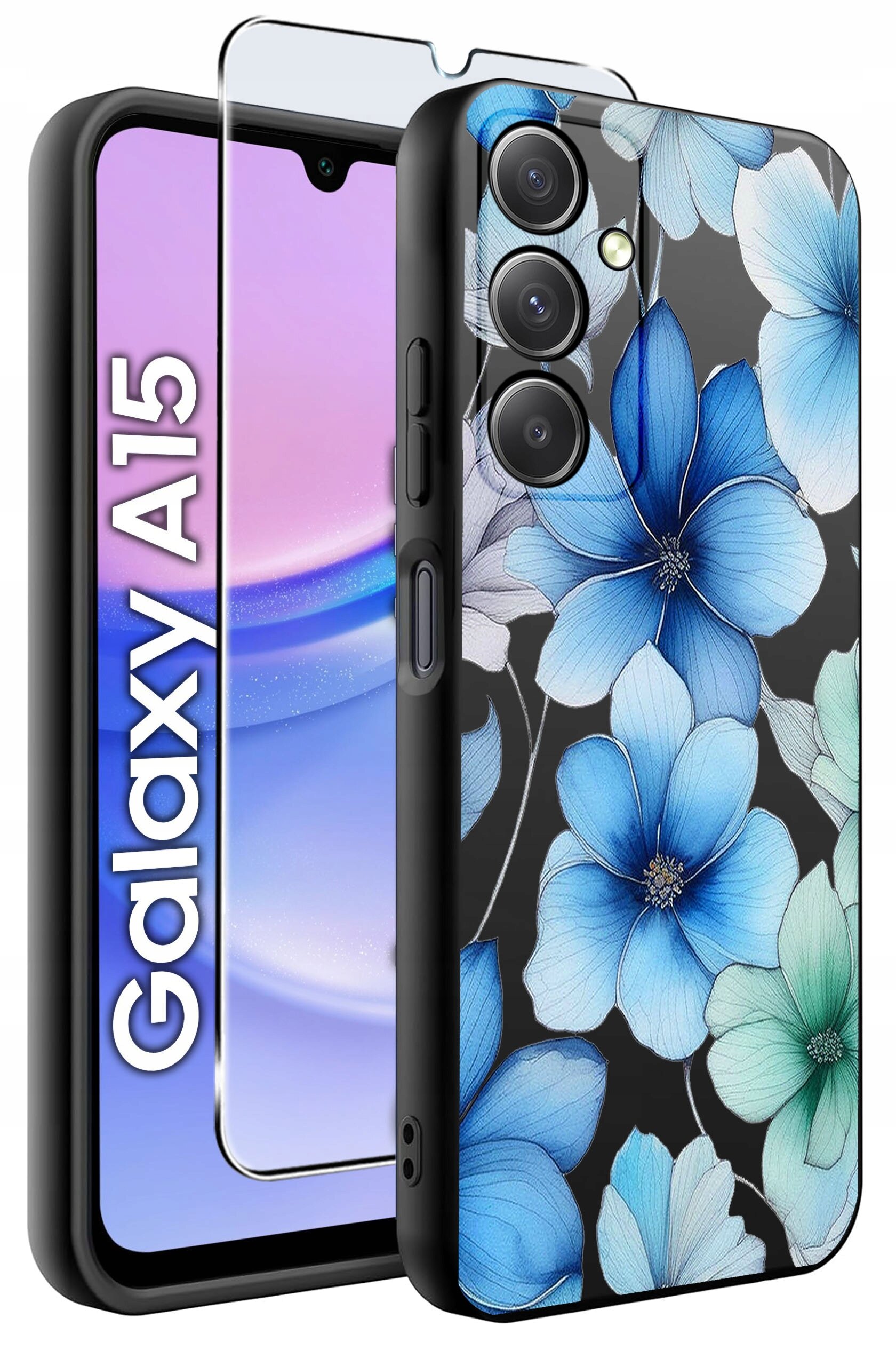Obraz przedstawia etui na telefon z wzorem niebieskich kwiatów oraz szkło ochronne. Na ekranie telefonu widoczny jest napis \'Galaxy A15\'.