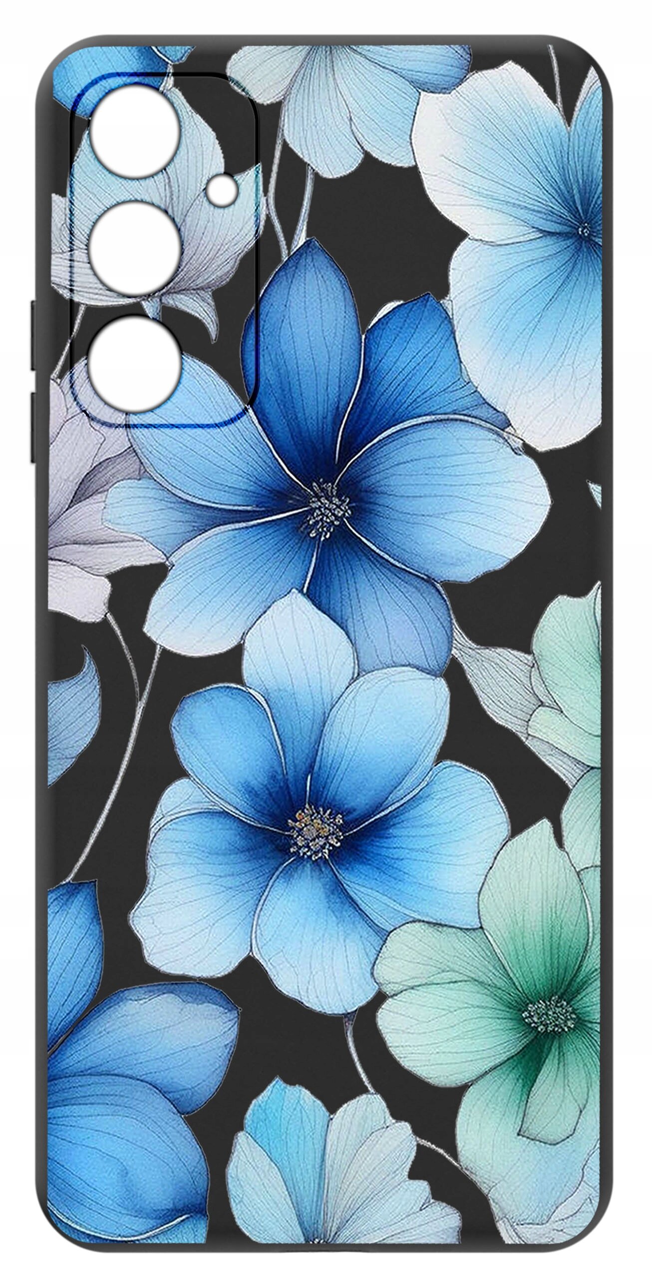 Etui na telefon z wzorem niebieskich i zielonych kwiatów na czarnym tle, z trzema otworami na aparat i jednym na lampę błyskową.