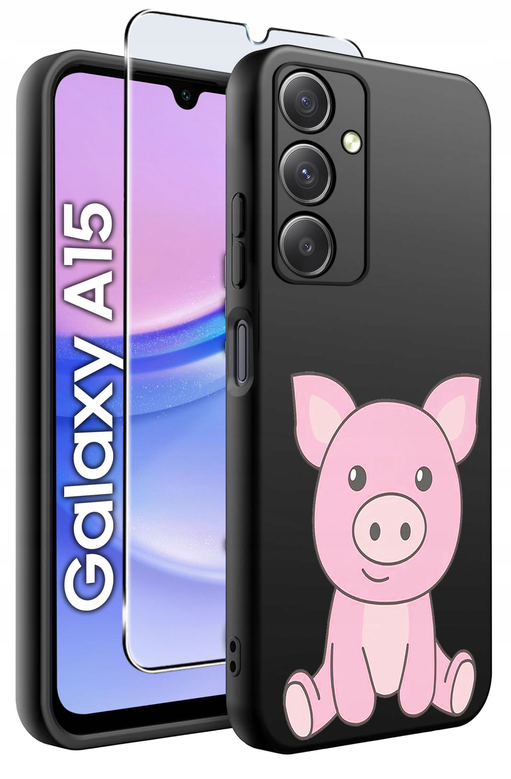 Obraz przedstawia czarne silikonowe etui z rysunkiem różowej świnki oraz szkło ochronne na telefon Galaxy A15. Na ekranie telefonu widoczny jest napis \'Galaxy A15\'.