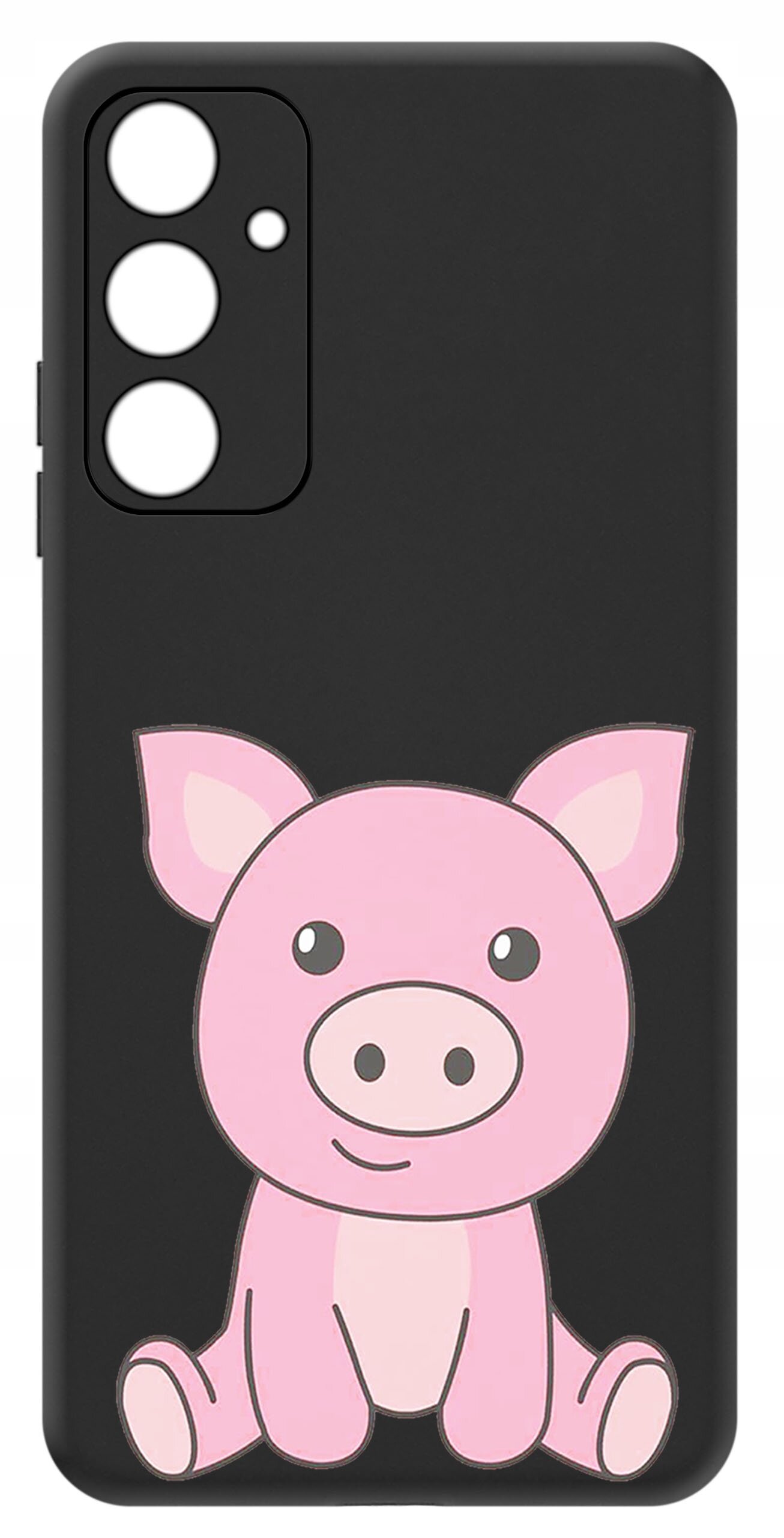 Czarne etui na telefon z nadrukiem różowej świnki na środku. Etui posiada wycięcia na trzy obiektywy aparatu i lampę błyskową.