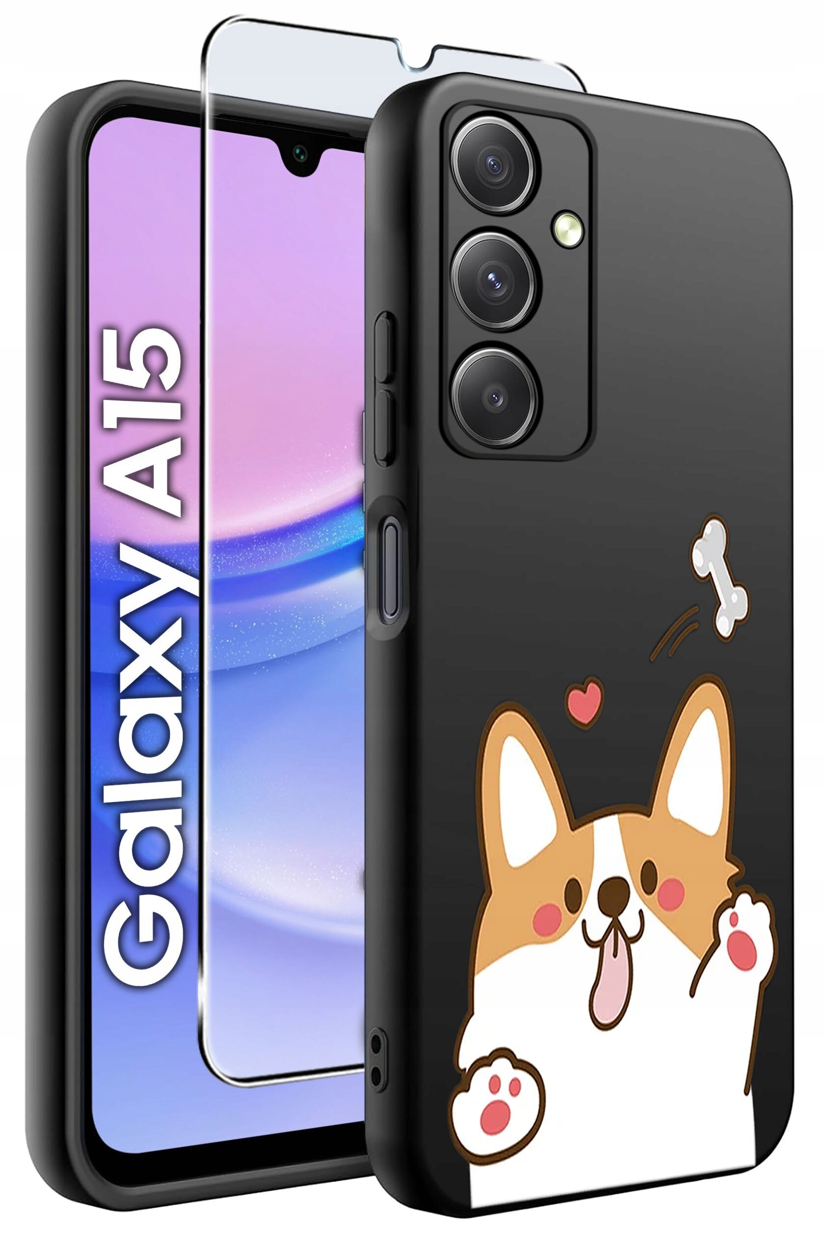Obraz przedstawia czarne silikonowe etui z grafiką psa i kością oraz szkło ochronne na telefon Galaxy A15. Na ekranie telefonu widoczny jest napis \'Galaxy A15\'.