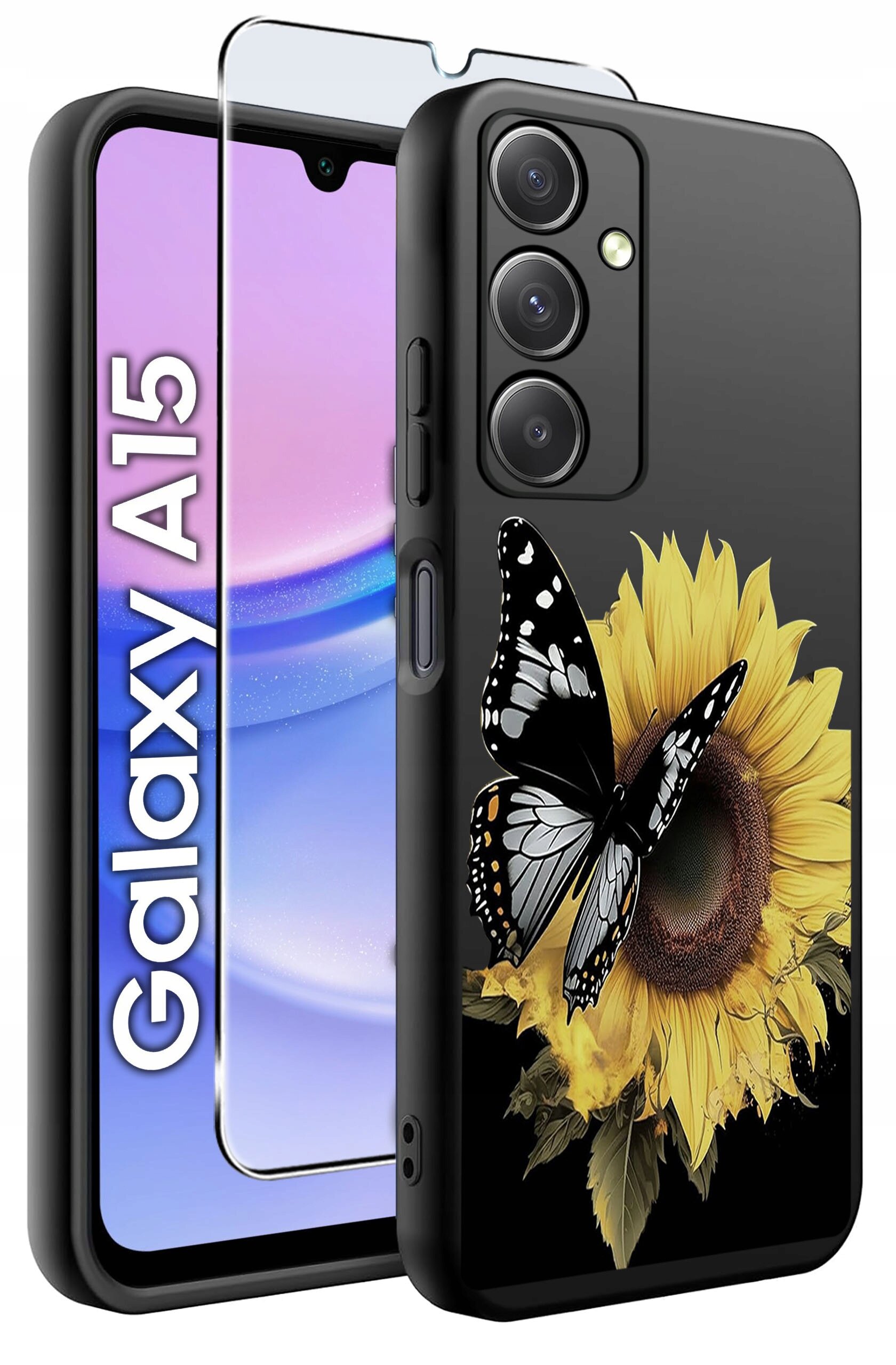 Obraz przedstawia czarne etui na telefon z nadrukiem słonecznika i motyla oraz szkło ochronne. Obok widoczny jest telefon z wyświetlaczem i napisem \'Galaxy A15\'.