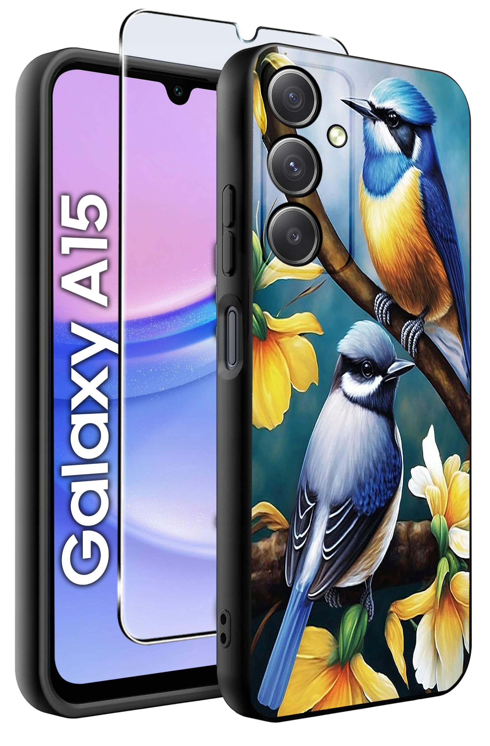 Etui na telefon z kolorowym wzorem ptaków siedzących na gałęzi z kwiatami, obok widoczny jest telefon z napisem \'Galaxy A15\'.