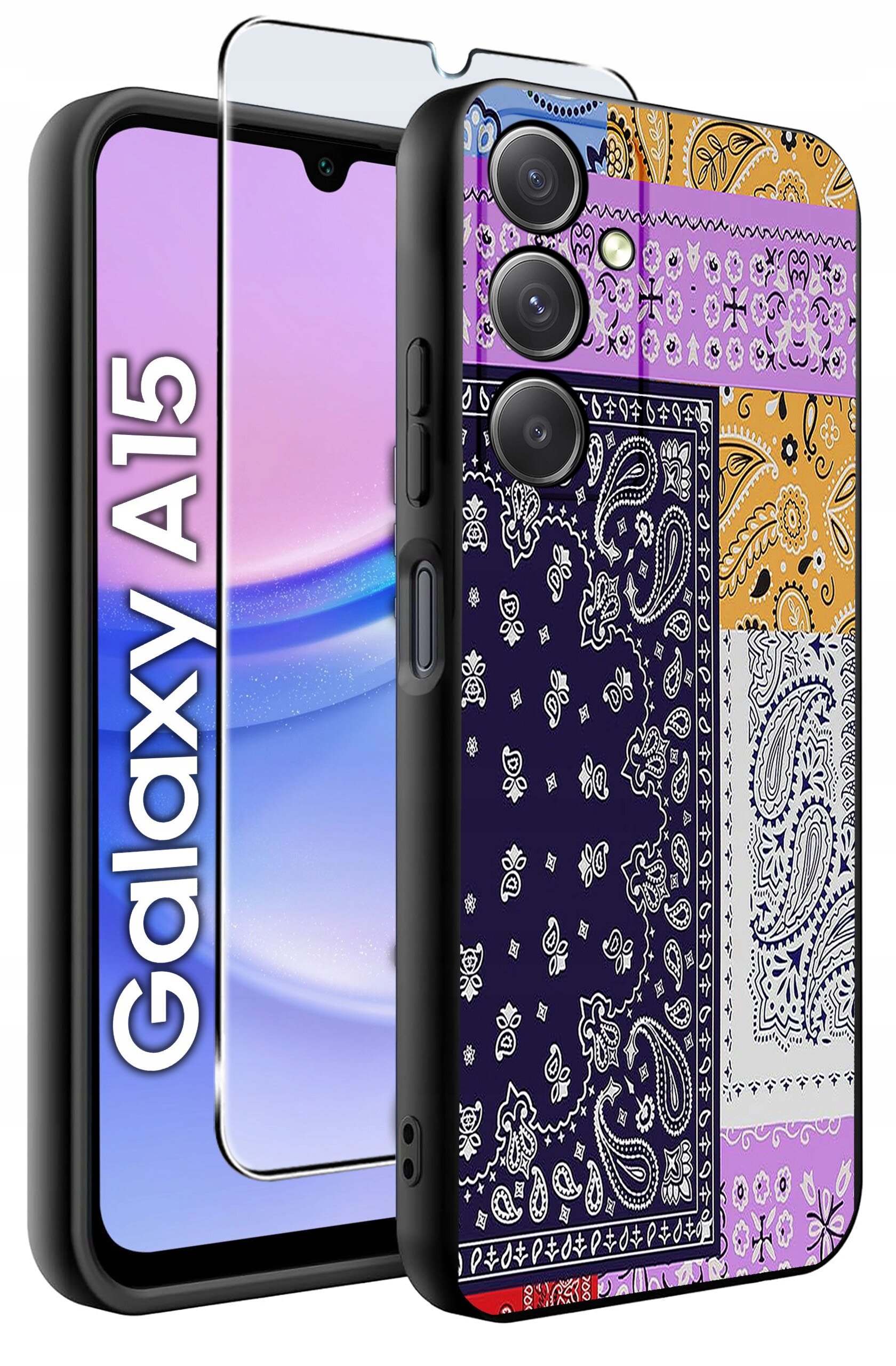 Obraz przedstawia telefon z etui o wzorze paisley w kolorach granatowym, fioletowym, pomarańczowym i białym. Obok telefonu znajduje się szkło ochronne, a na ekranie widoczny jest napis \'Galaxy A15\'.