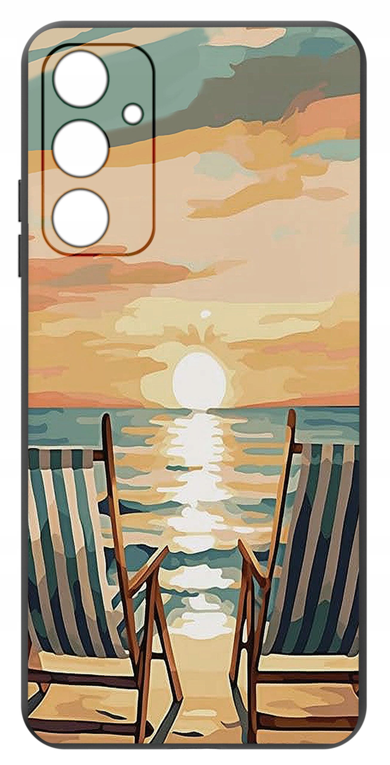 Etui z nadrukiem przedstawiającym dwa leżaki na plaży z widokiem na zachód słońca nad morzem. Kolory dominujące to odcienie pomarańczowego, niebieskiego i beżowego.