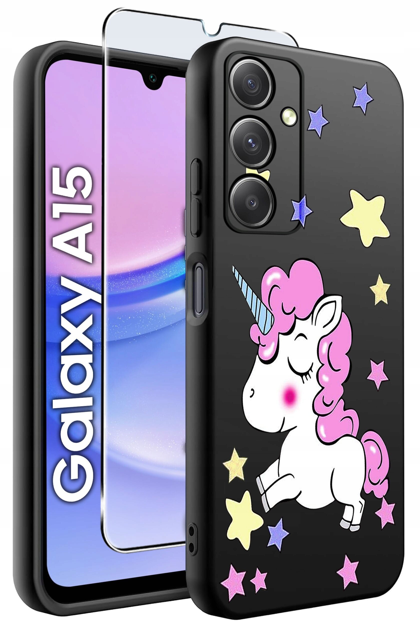 Na obrazie widoczne jest czarne etui na telefon z kolorowym jednorożcem i gwiazdkami. Obok znajduje się szkło ochronne oraz telefon z napisem \'Galaxy A15\'.