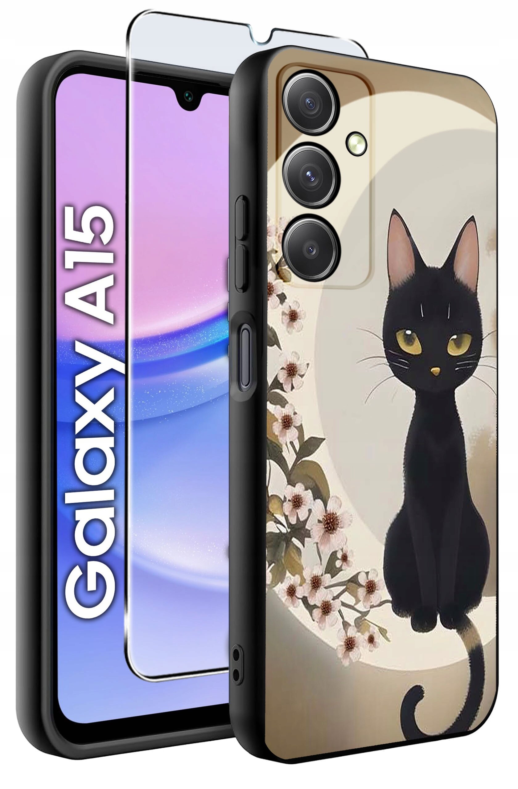 Etui na telefon z nadrukiem czarnego kota siedzącego na tle kwiatów, obok widoczny jest telefon z napisem \'Galaxy A15\'.