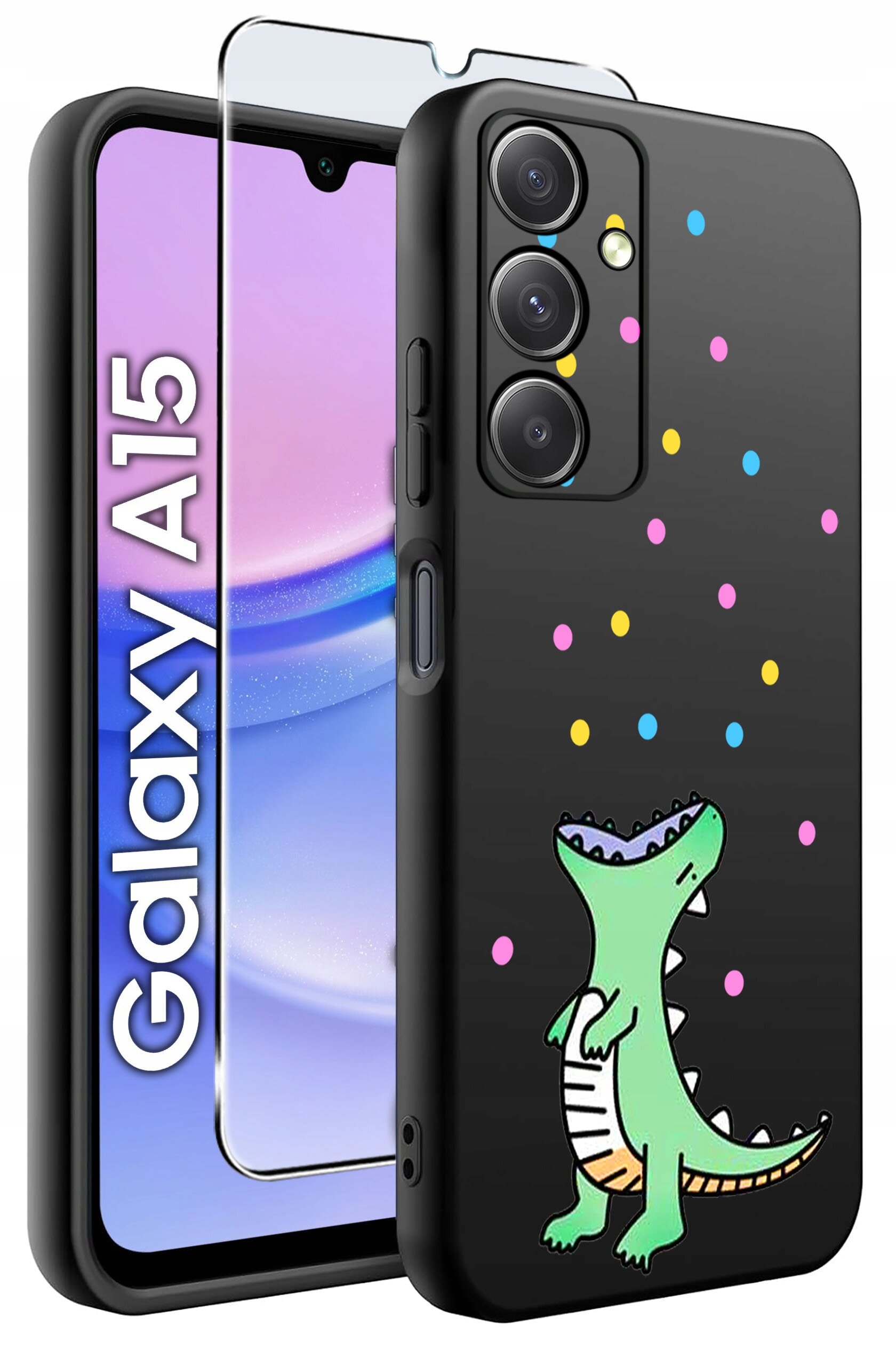 Obraz przedstawia czarne silikonowe etui z kolorowym wzorem dinozaura i kolorowymi kropkami. Obok etui widoczny jest telefon z napisem \'Galaxy A15\' oraz szkło ochronne.