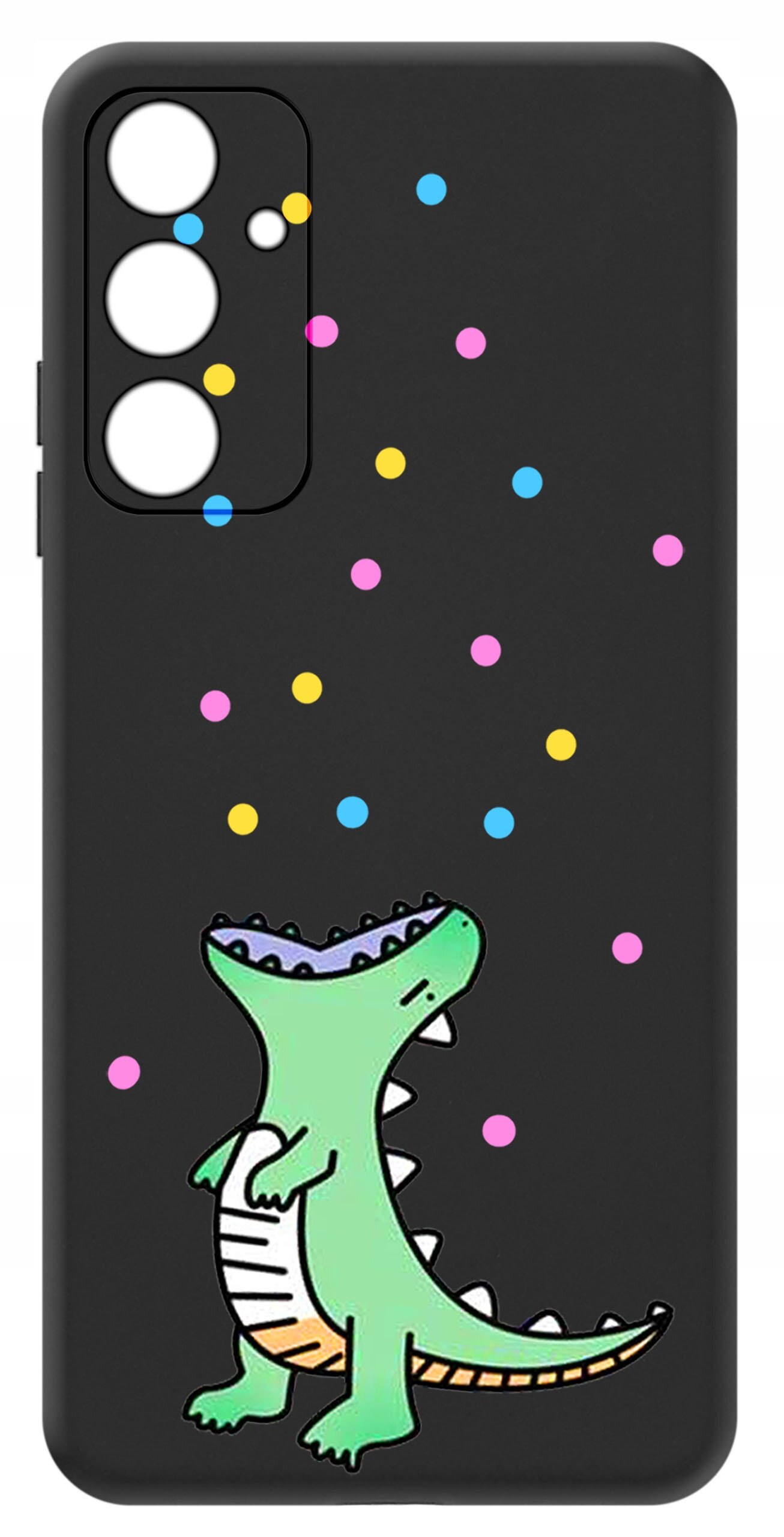 Czarne etui na telefon z kolorowym wzorem przedstawiającym zielonego dinozaura oraz wielobarwne kropki. Etui posiada wycięcia na trzy obiektywy aparatu.