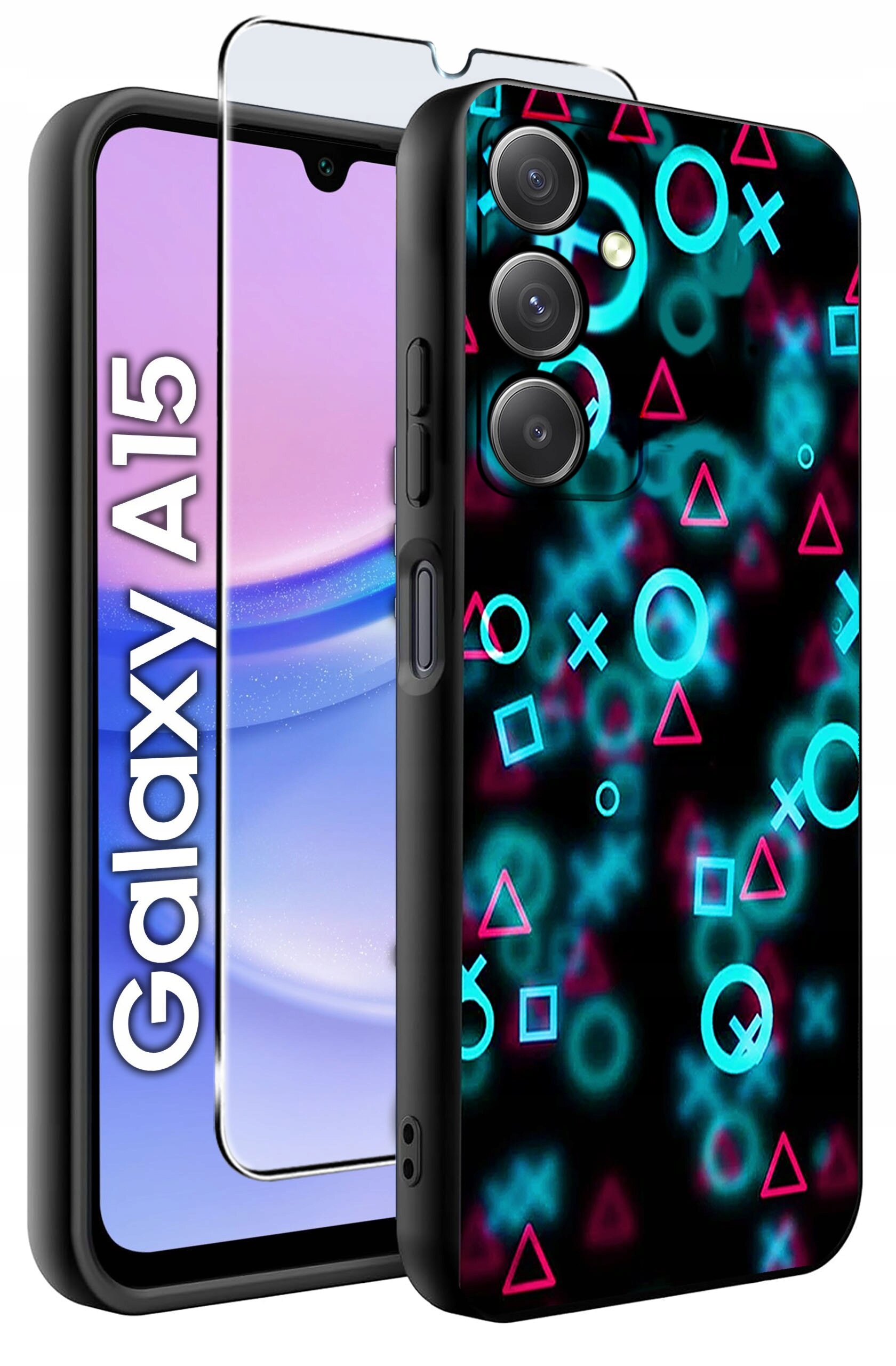 Etui na telefon z kolorowymi wzorami geometrycznymi w odcieniach niebieskiego i różowego. Obok znajduje się szkło ochronne oraz widoczny napis \'Galaxy A15\'.