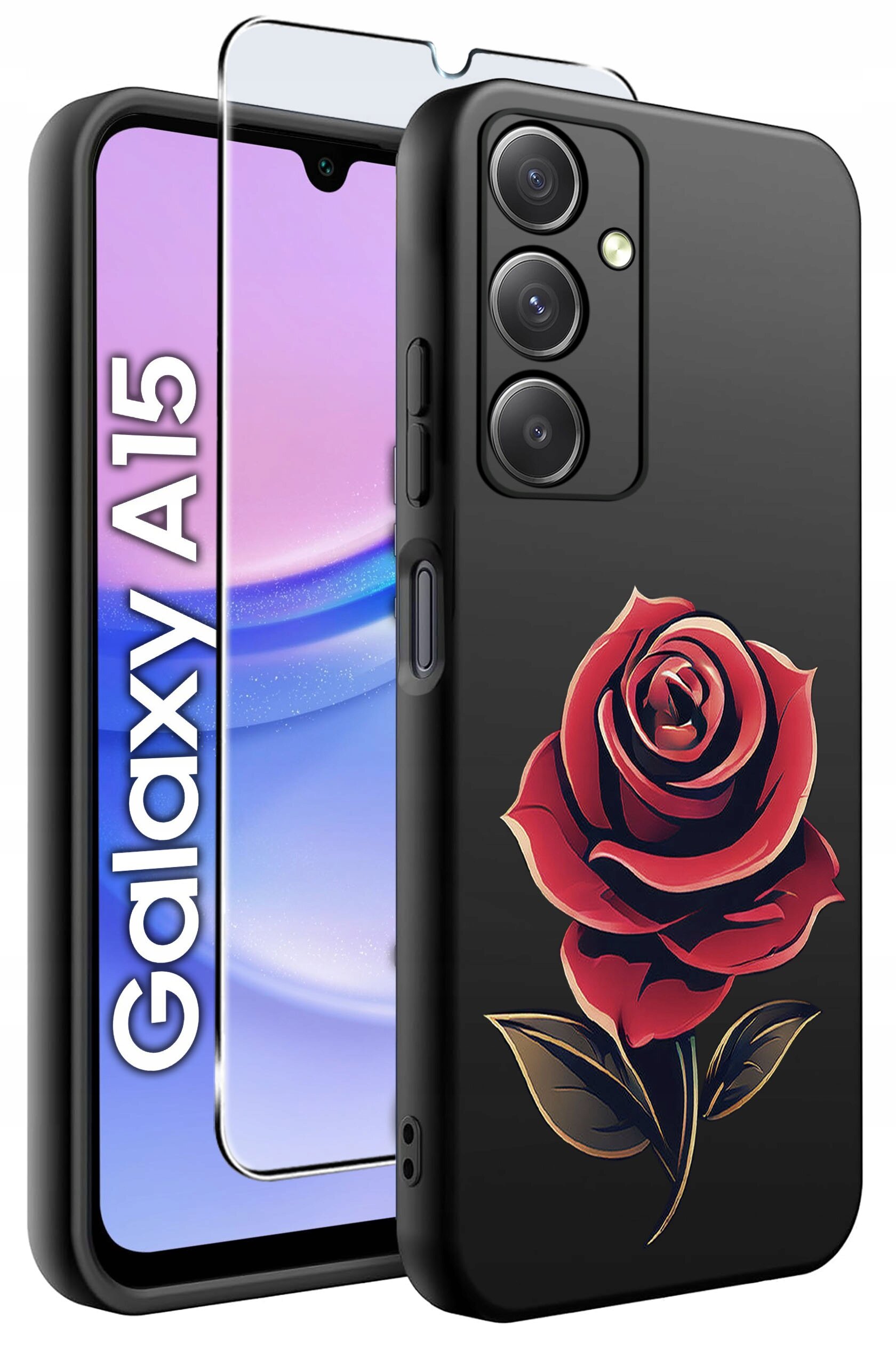 Obraz przedstawia czarne silikonowe etui z czerwonym wzorem róży oraz szkło ochronne na telefon Galaxy A15. Na ekranie telefonu widoczny jest napis \'Galaxy A15\'.