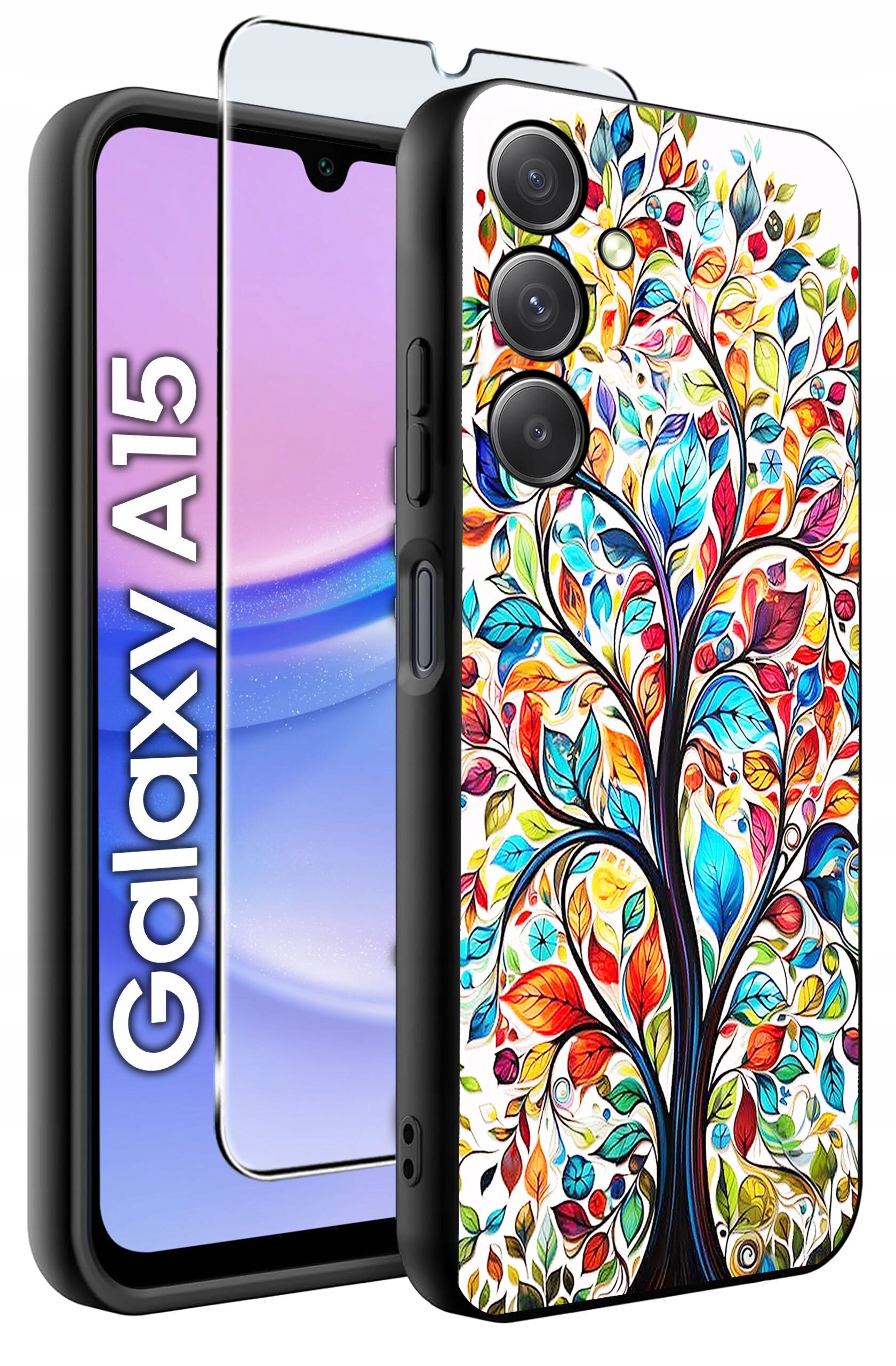 Obraz przedstawia etui na telefon z kolorowym wzorem drzewa oraz szkło ochronne. Obok widoczny jest telefon z napisem \'Galaxy A15\'.