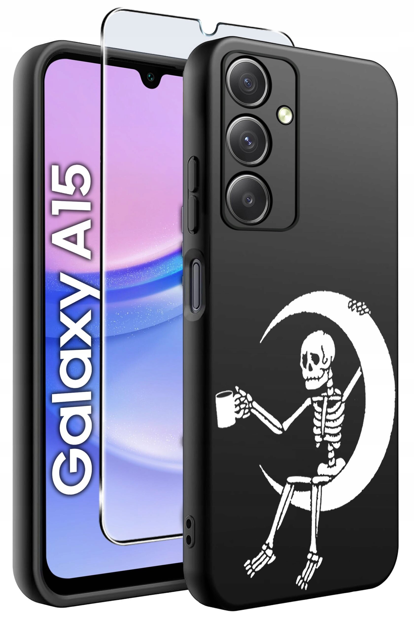 Czarne etui na telefon z nadrukiem szkieletu siedzącego na księżycu, trzymającego kubek. Obok etui znajduje się szkło ochronne oraz widoczny ekran telefonu z napisem \'Galaxy A15\'.