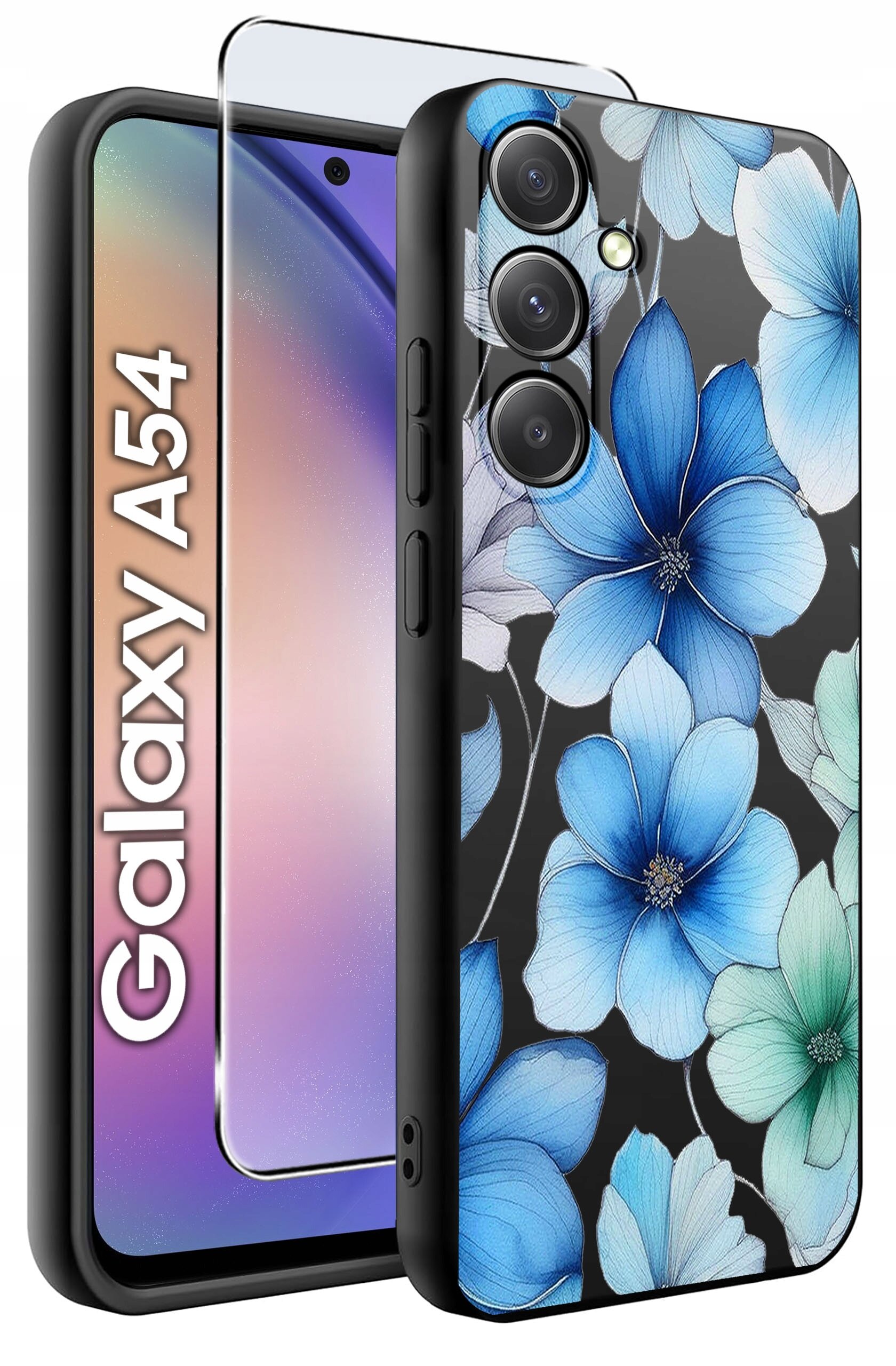 Etui na telefon z motywem niebieskich kwiatów oraz szkło ochronne. Obok widoczny jest napis \'Galaxy A54\'.