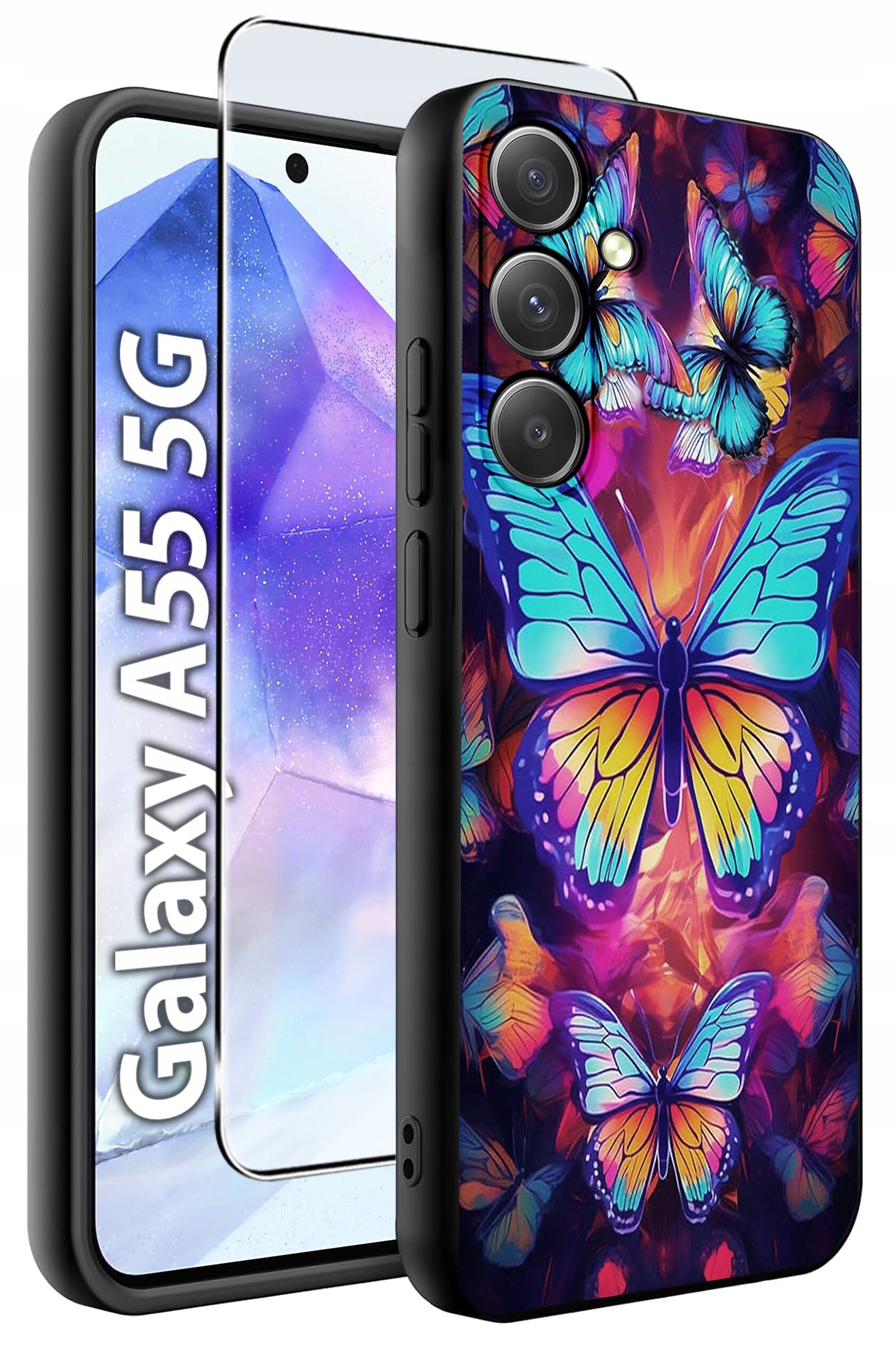 Etui na telefon z kolorowym wzorem motyli, obok którego znajduje się szkło hartowane. Widoczny napis: \'Galaxy A55 5G\'.